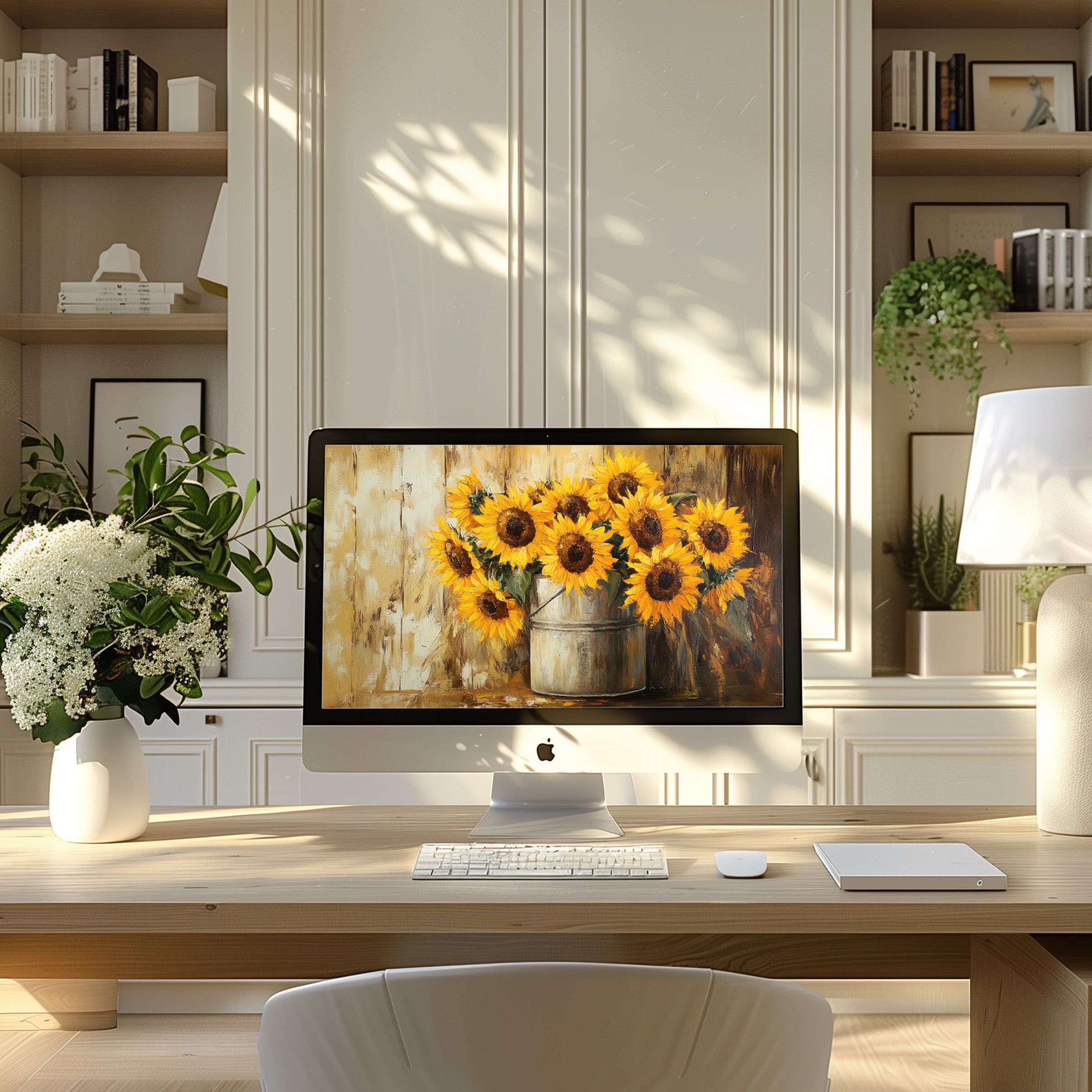 Elegant sunflower artwork wallpaper for computer, fitting PC and Laptop, inspiring a calm and aesthetic modern home office download
