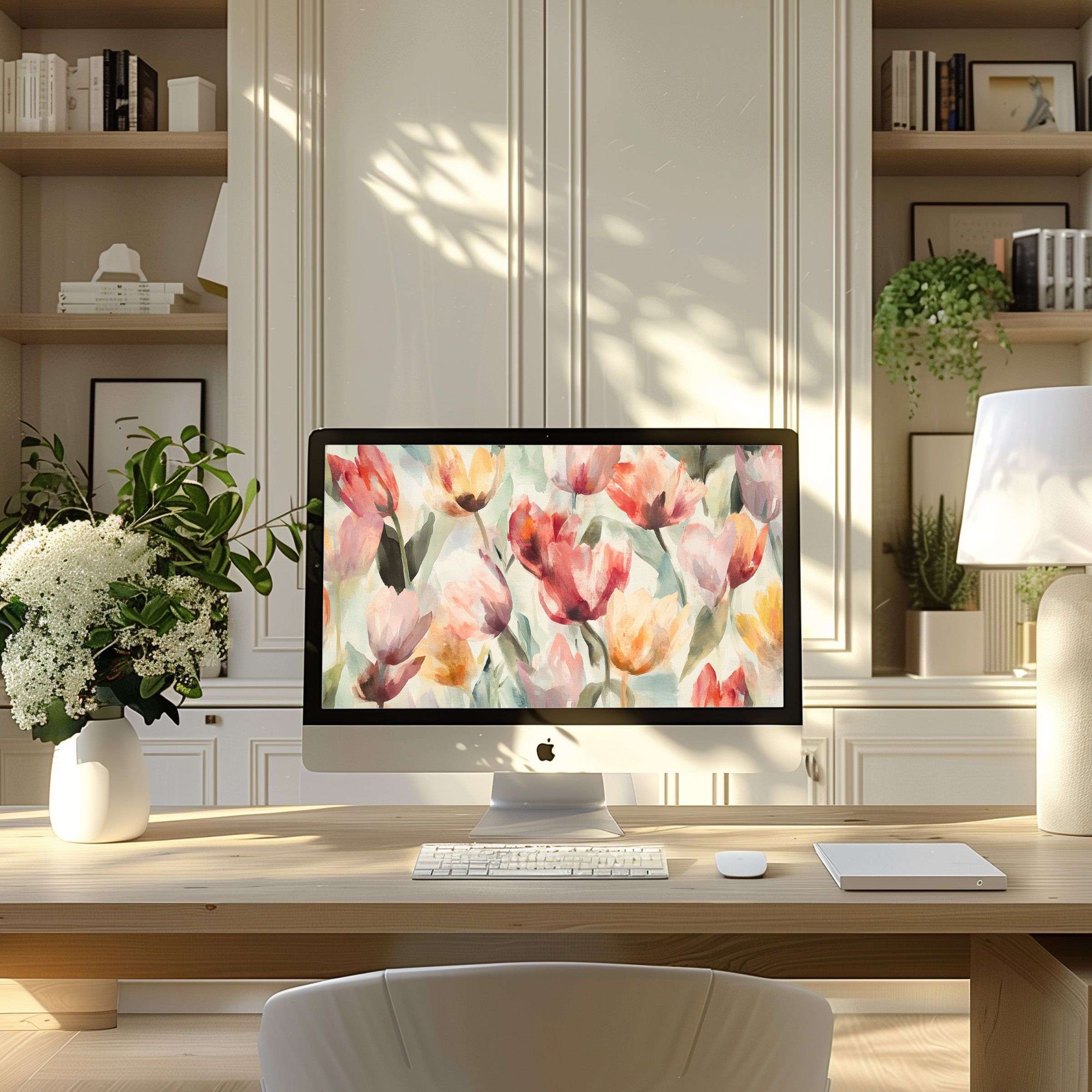 Elegant floral wallpaper for computer inspiring calm in a modern home office setting fits PC or laptop digital download
