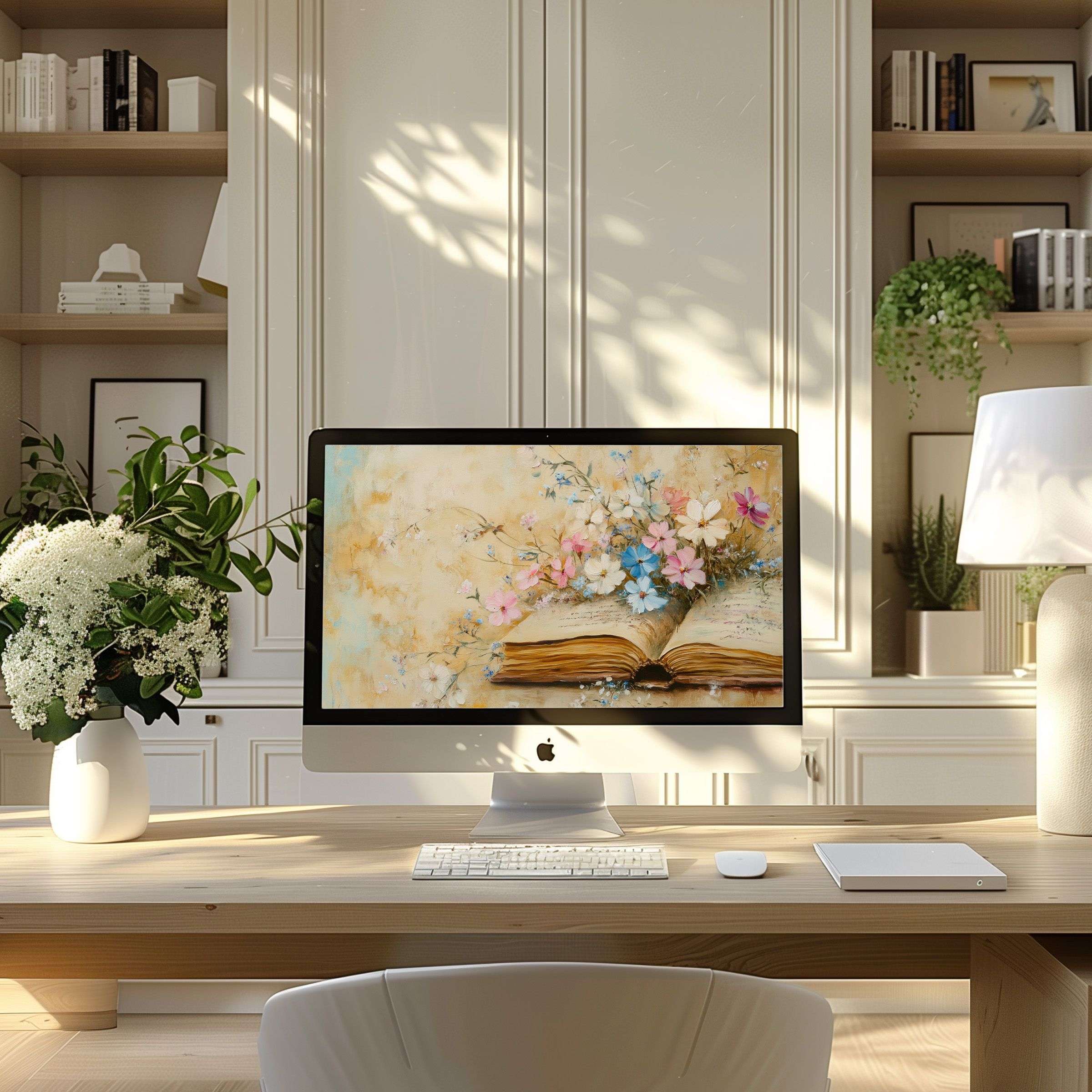 Elegant floral-inspired wallpaper for computer, enhancing modern home office tranquility, suitable for PC or laptop, digital download