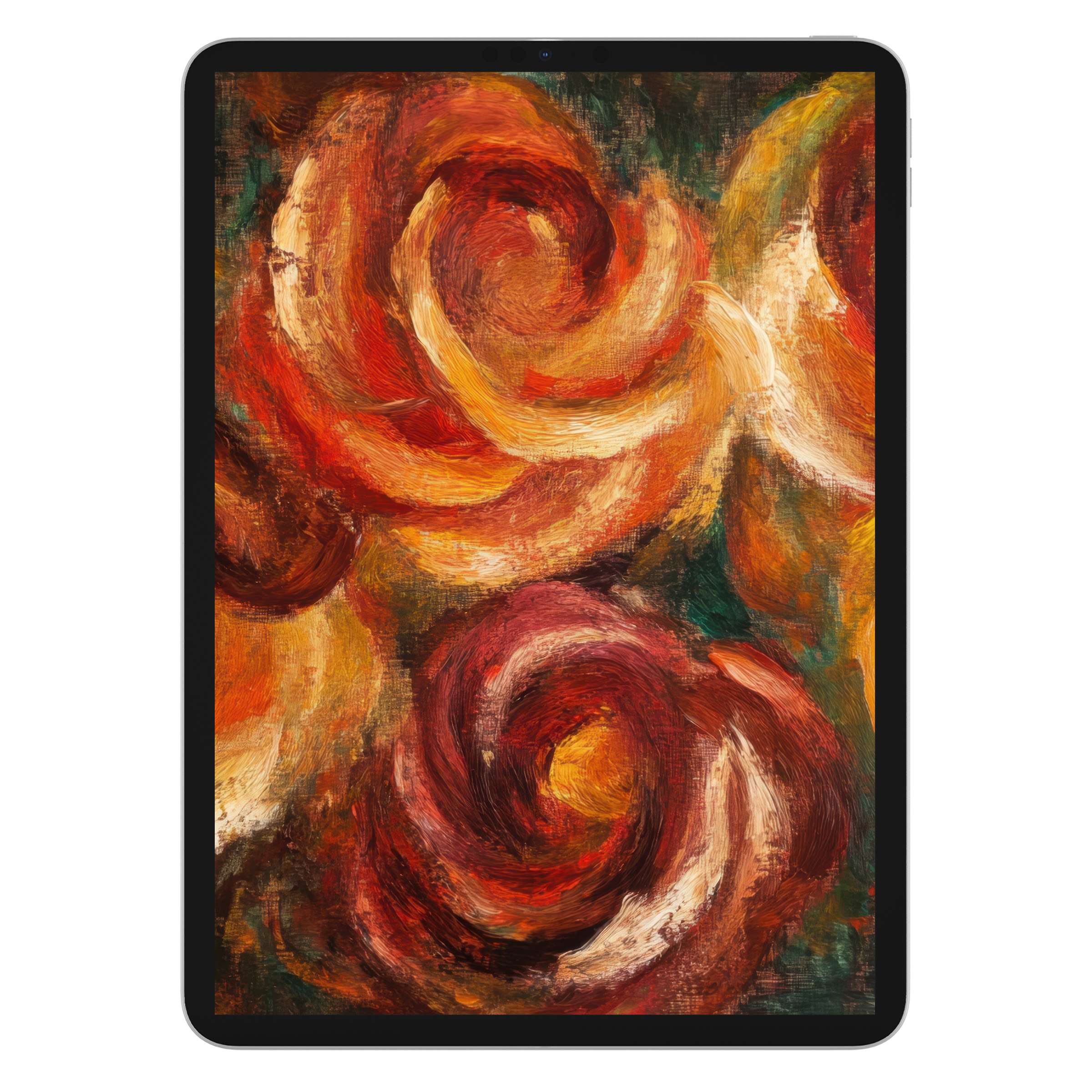 Vibrant floral iPad wallpaper with rich, swirling strokes in red, orange, and cream, ideal digital download for tablet background elegance