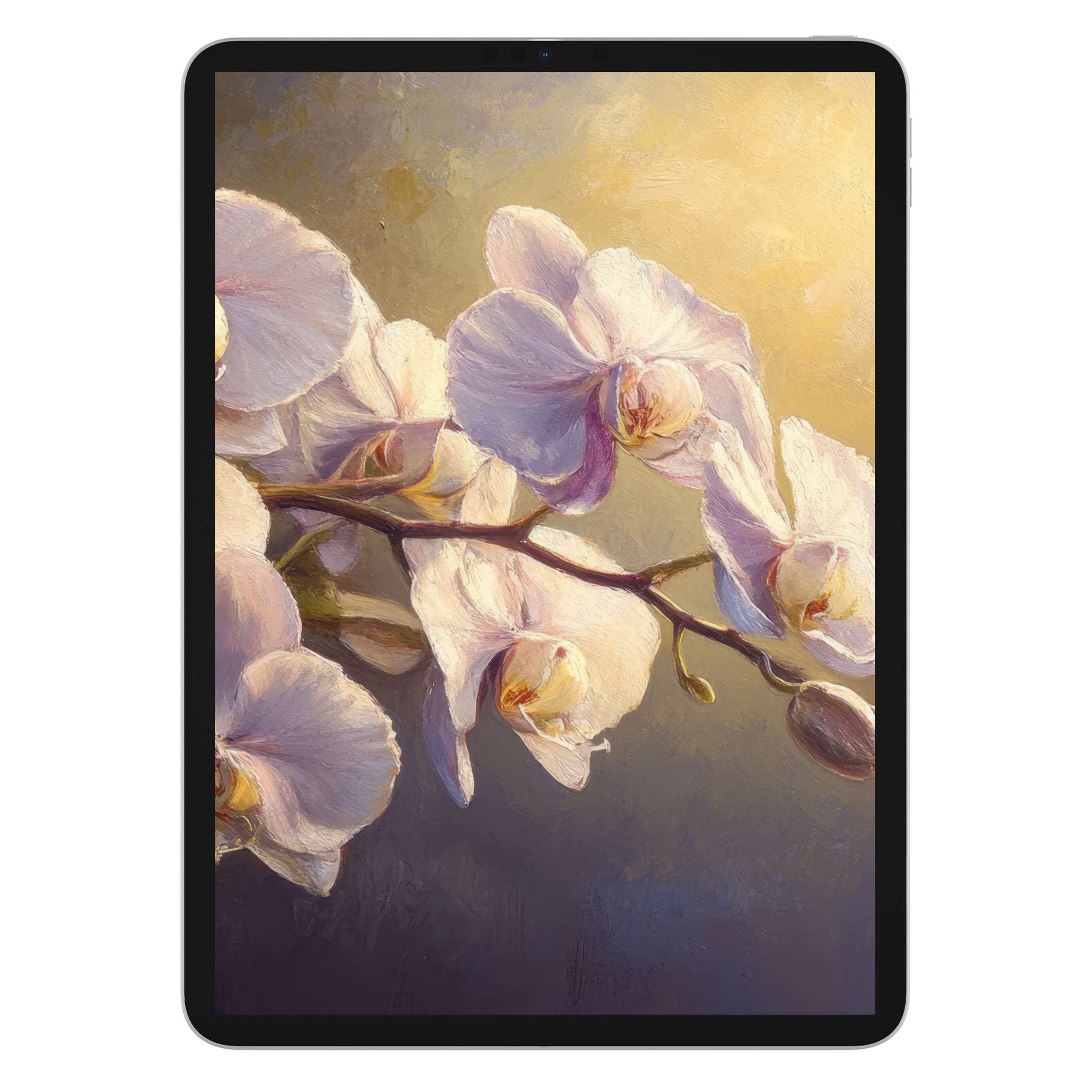 Elegant floral iPad wallpaper with pastel orchid blooms, offering a serene digital download for tablet backgrounds and calming decor