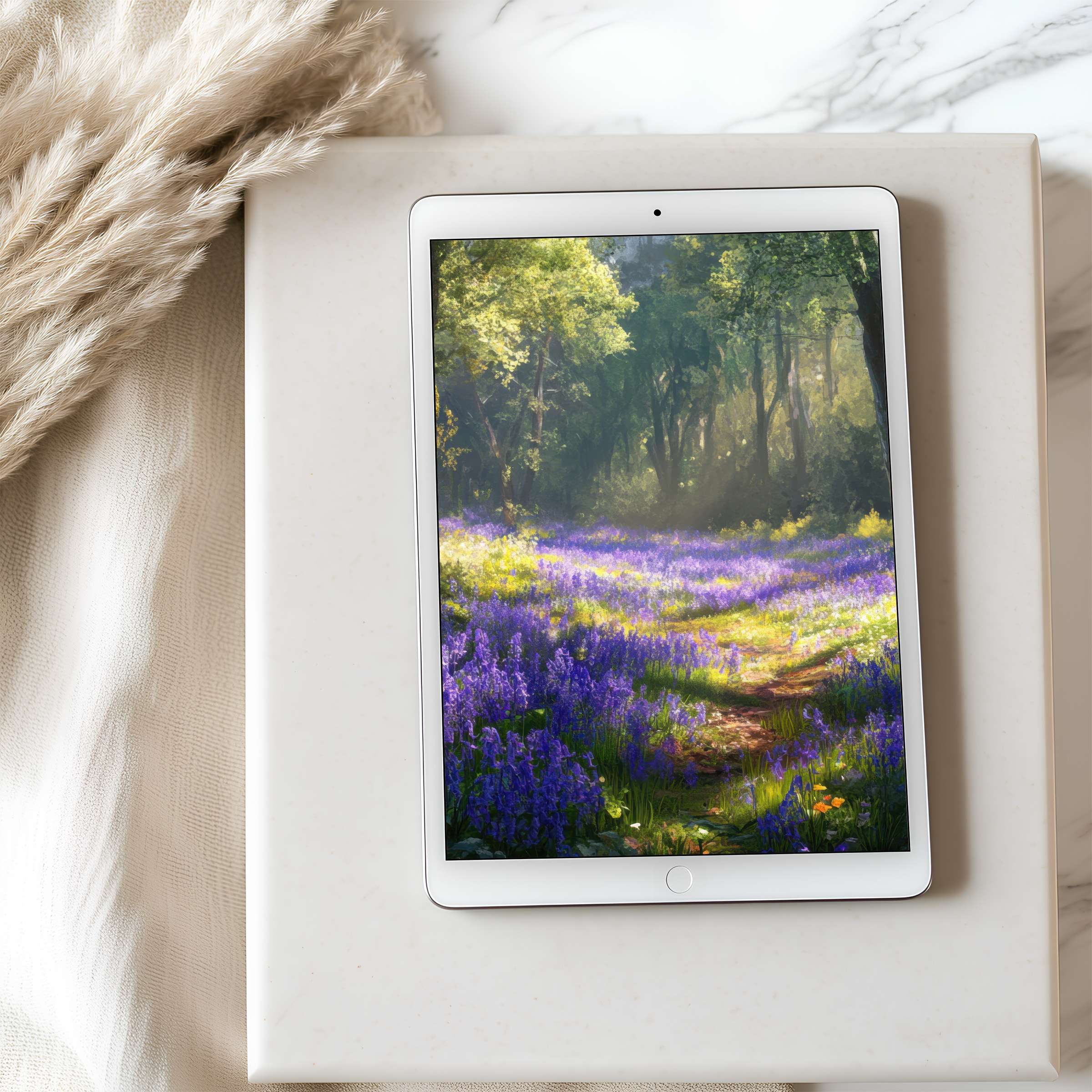 Elegant tablet wallpaper featuring a serene lavender field and forest, perfect for high resolution iPad or Android digital download