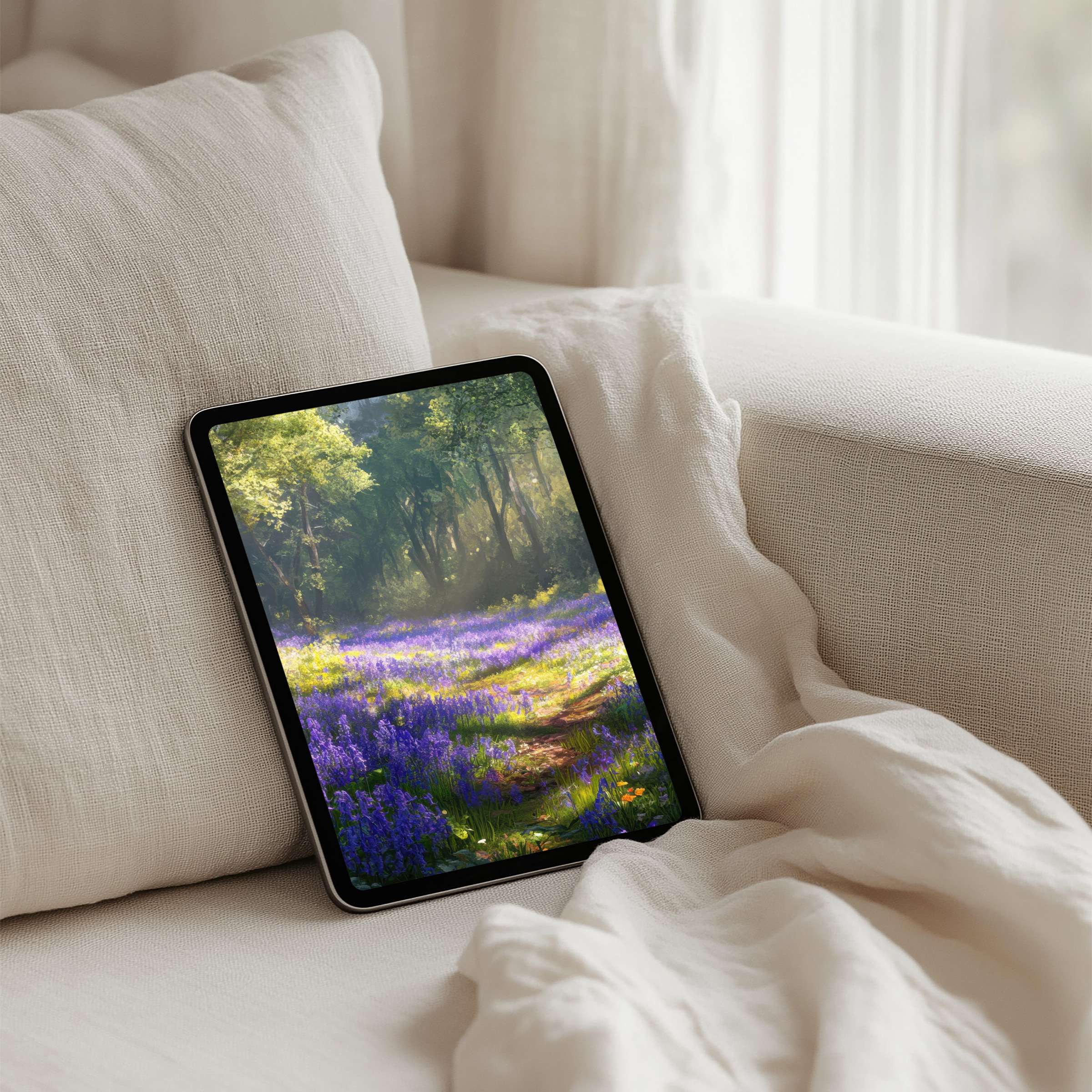 Serene iPad background featuring sunlit forest path with purple wildflowers, perfect for instant download on any tablet, enhancing calm mindfulness