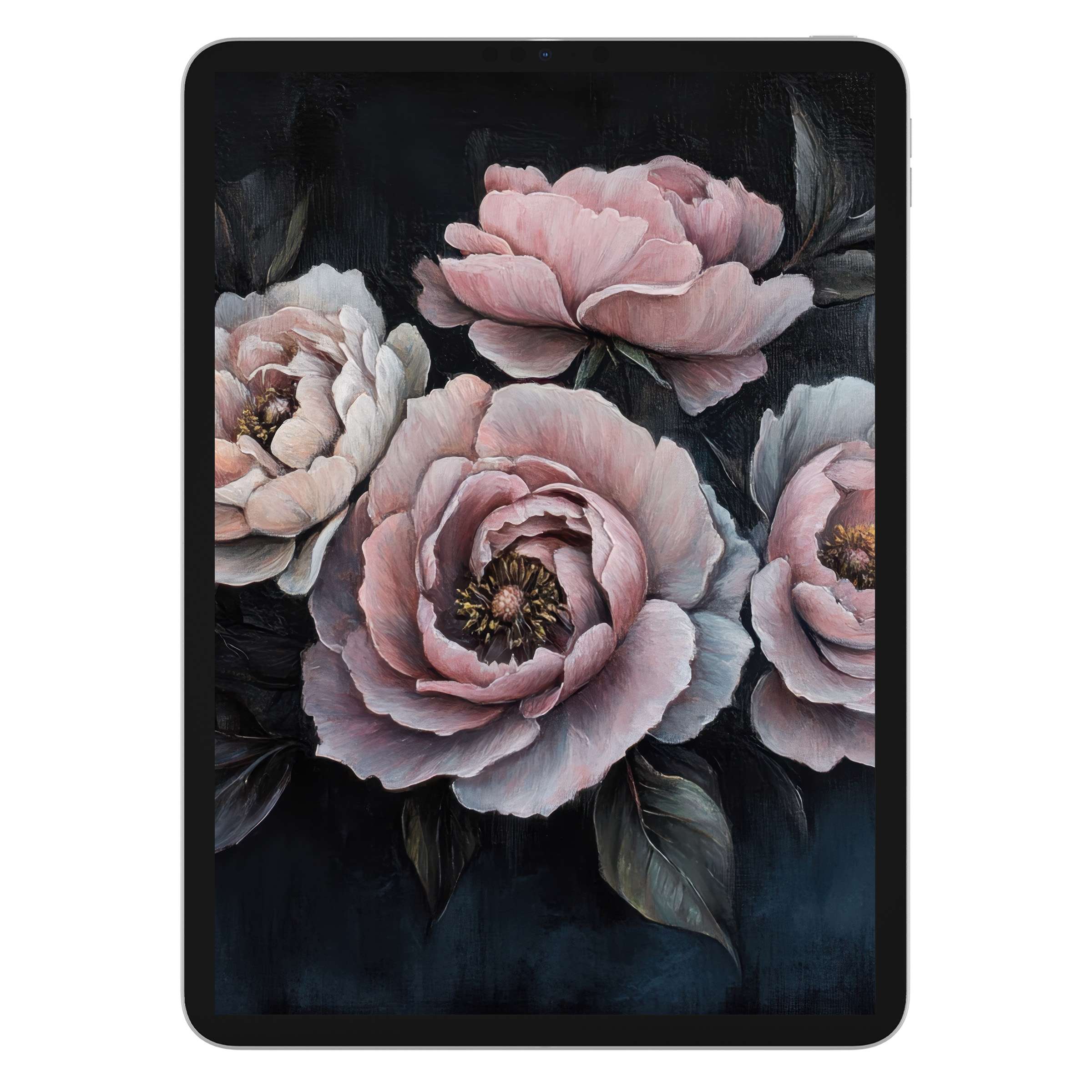 Elegant floral iPad wallpaper with soft pink peonies for a serene tablet background digital download chic nature-inspired design