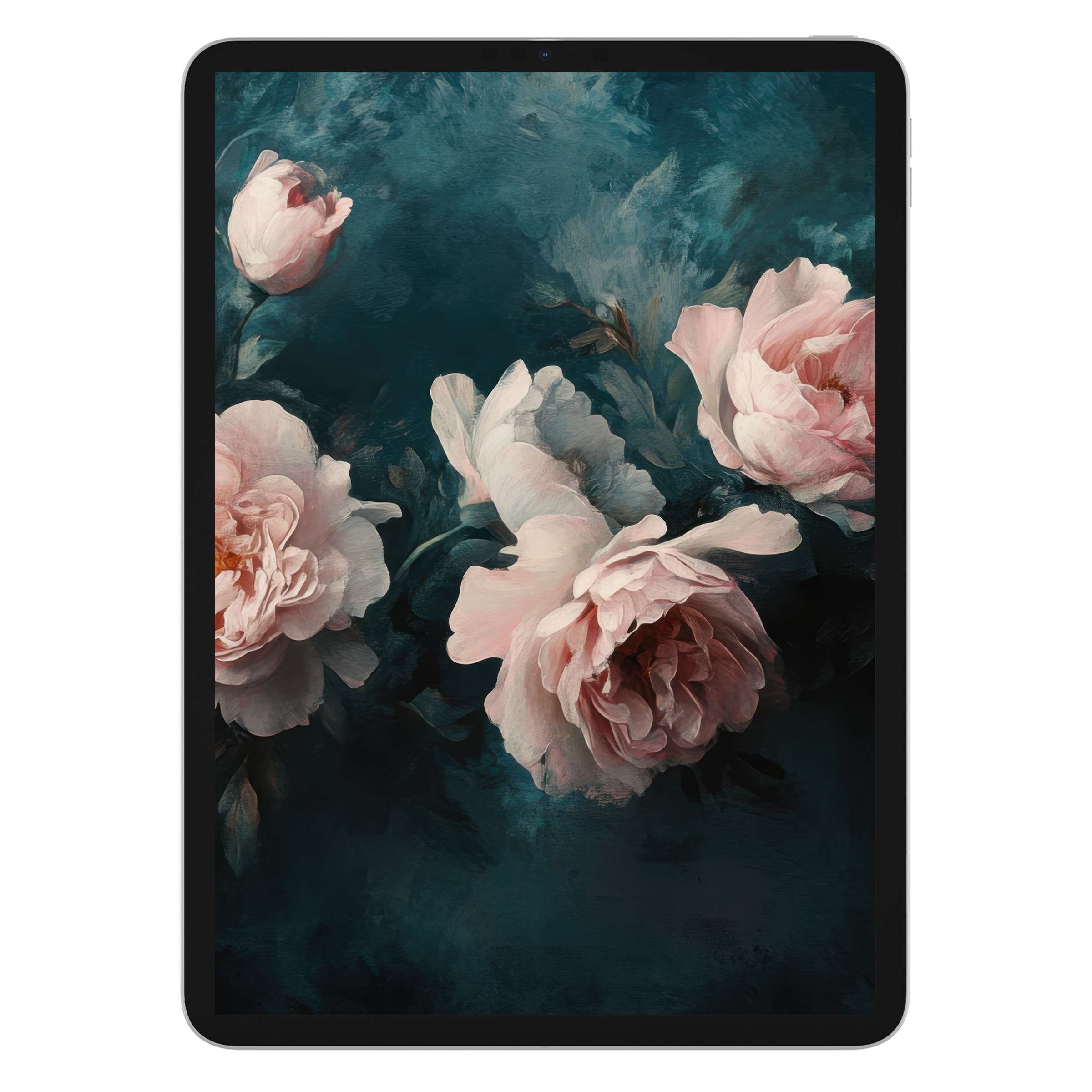 Elegant floral iPad wallpaper with soft pink peonies on a deep teal background evokes serenity perfect for tablet digital download