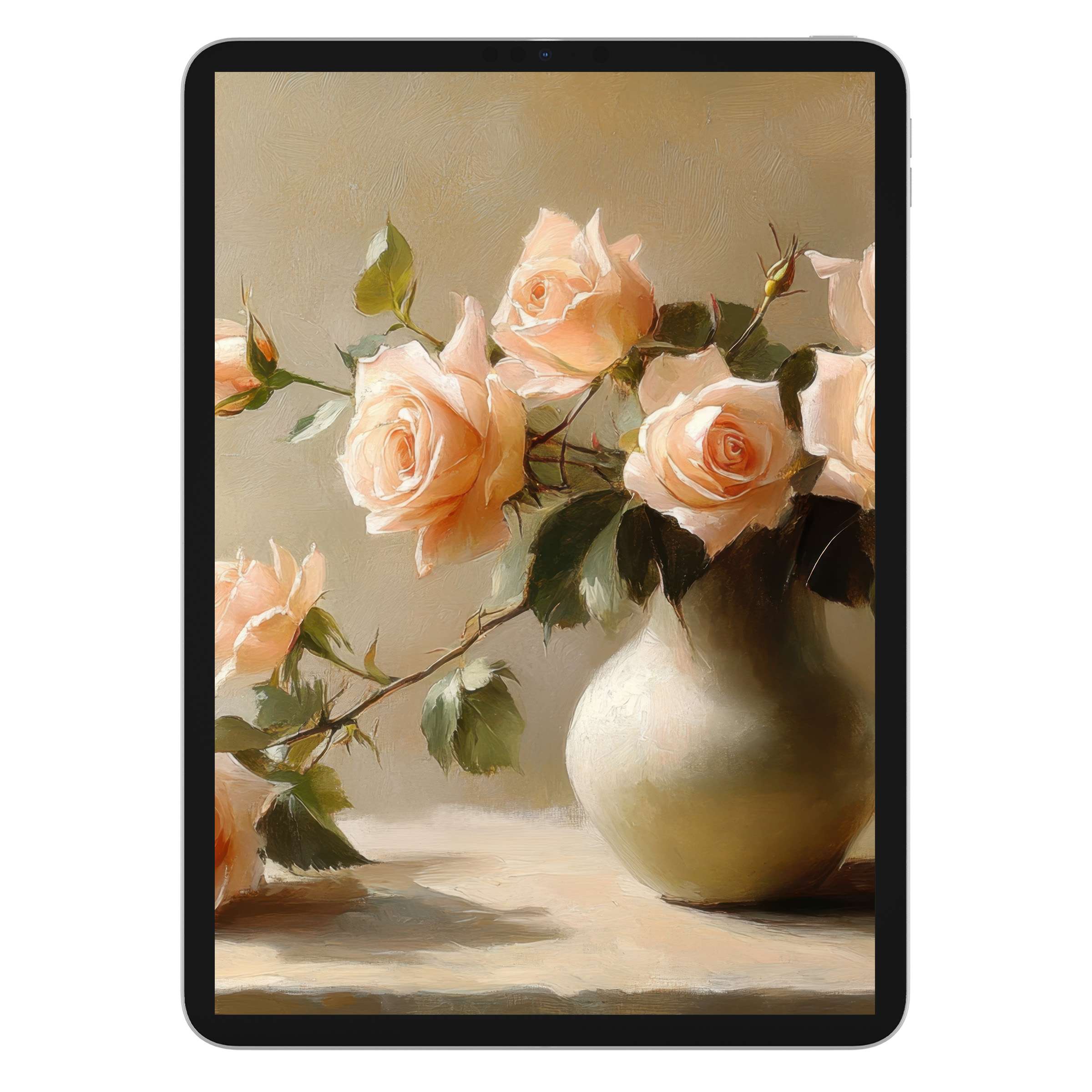 Elegant floral iPad wallpaper for tablets featuring soft pink roses in a vase brings serene digital download background to life