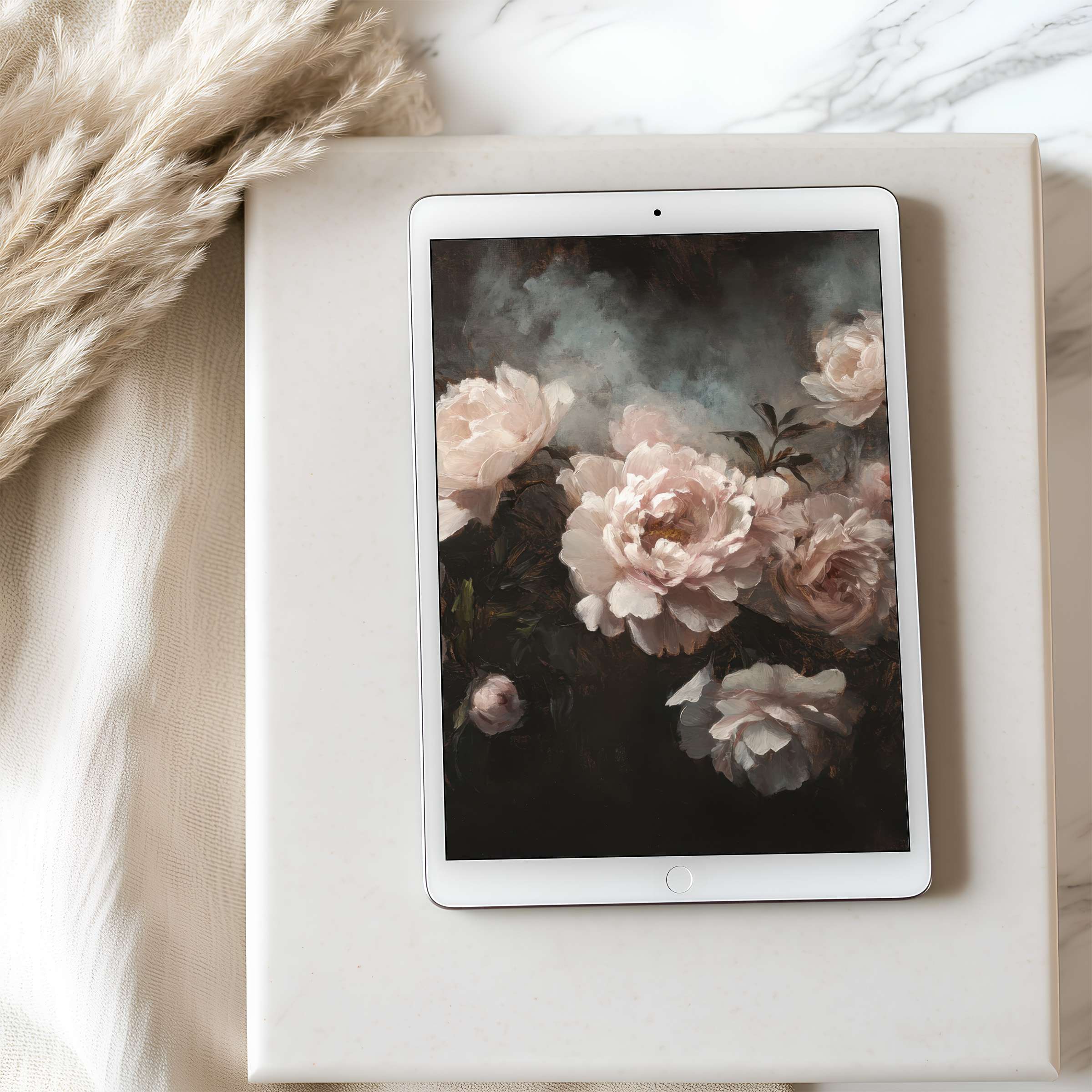 Elegant floral tablet wallpaper featuring soft pink peonies in high resolution offers calming beauty for iPad and Android download