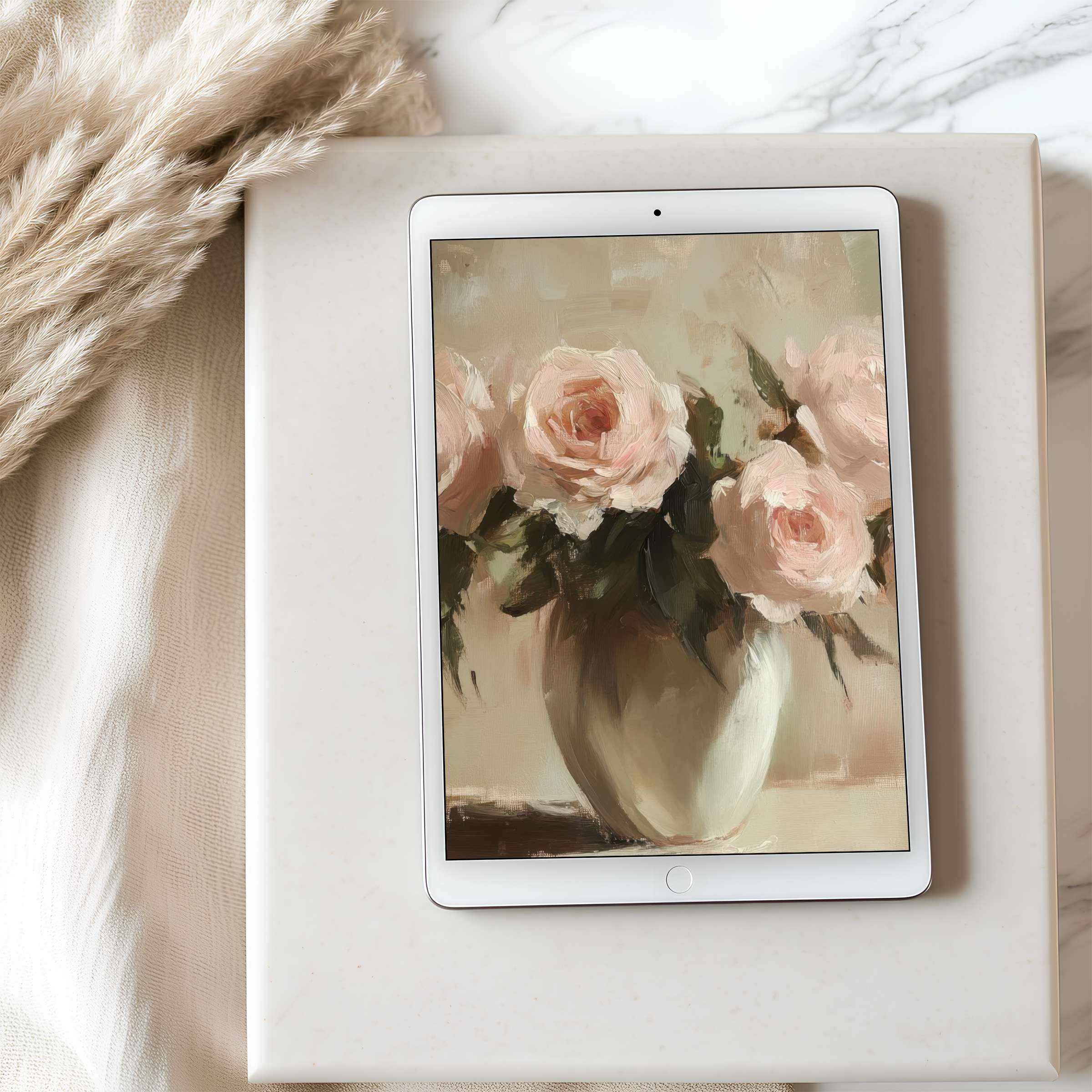 Elegant tablet wallpaper featuring soft pink roses in an impressionist style, perfect for high resolution iPad and Android downloads