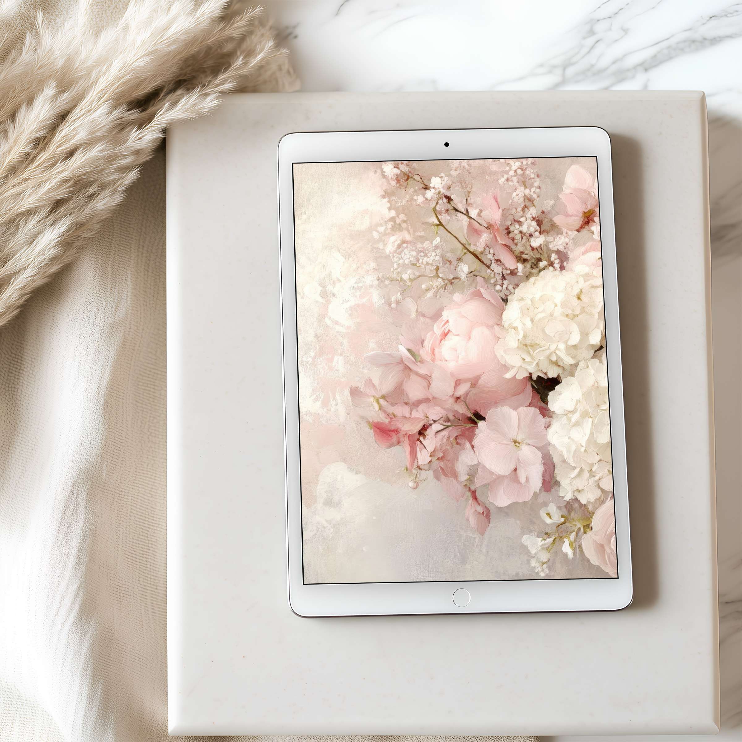 Elegant tablet wallpaper featuring pastel blossoms in a serene digital artwork suitable for iPad, enhancing any curated design space