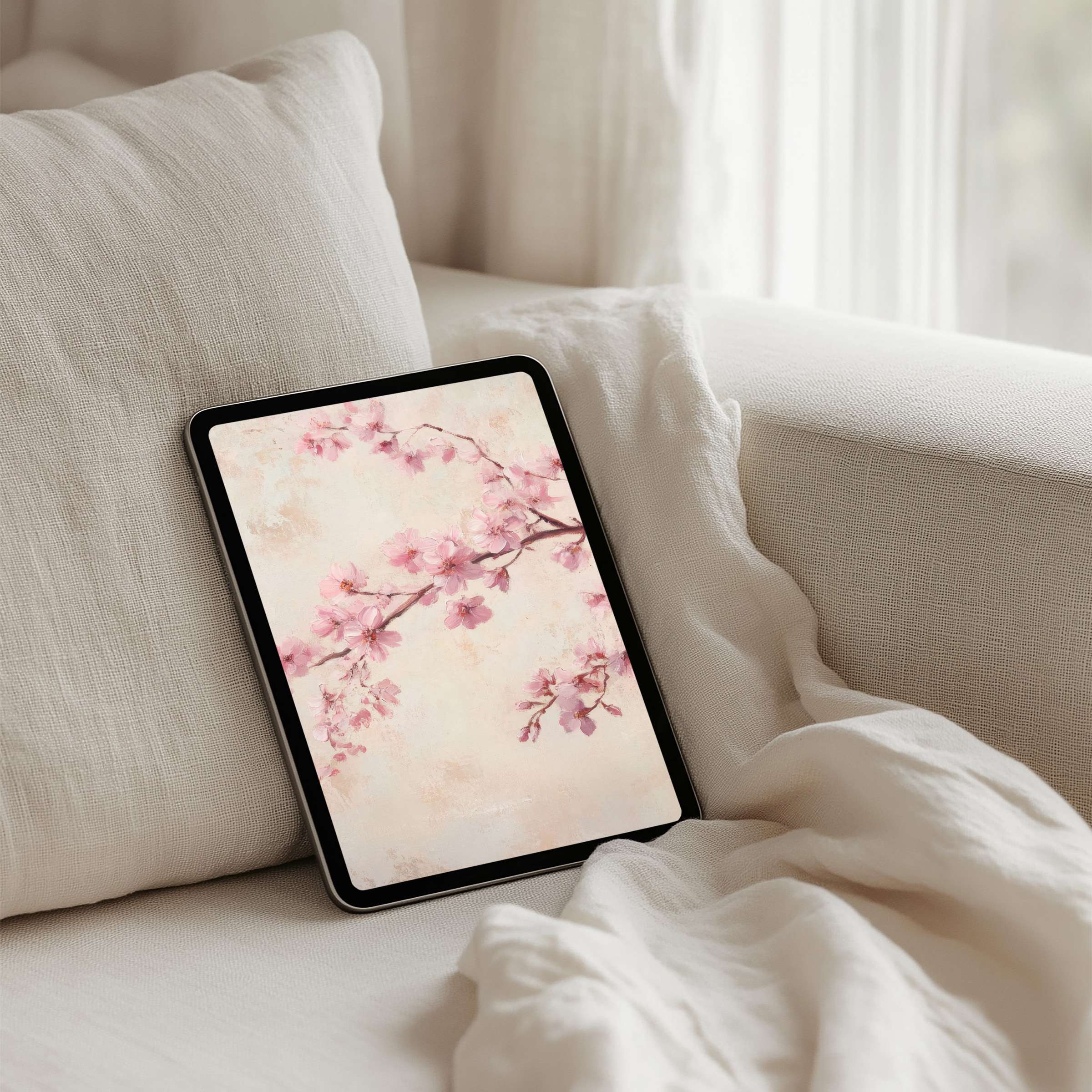 Elegant cherry blossom iPad background offers instant download for tablets, creating a calm, mindful space with gentle aesthetics