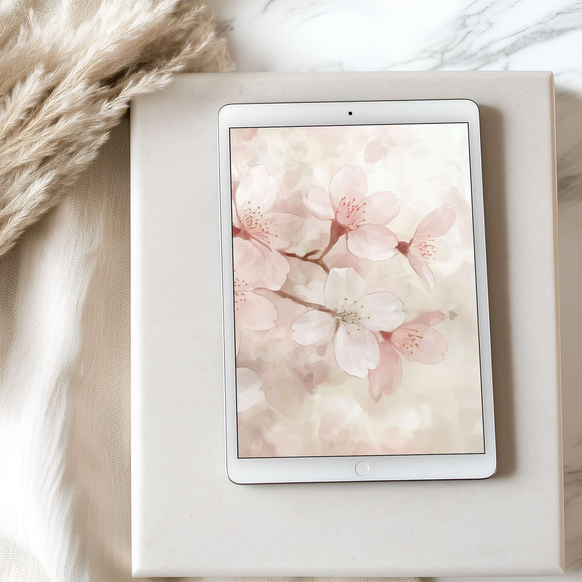 Elegant cherry blossom tablet wallpaper in soft pink and beige hues for high resolution iPad, ideal digital download for tranquility