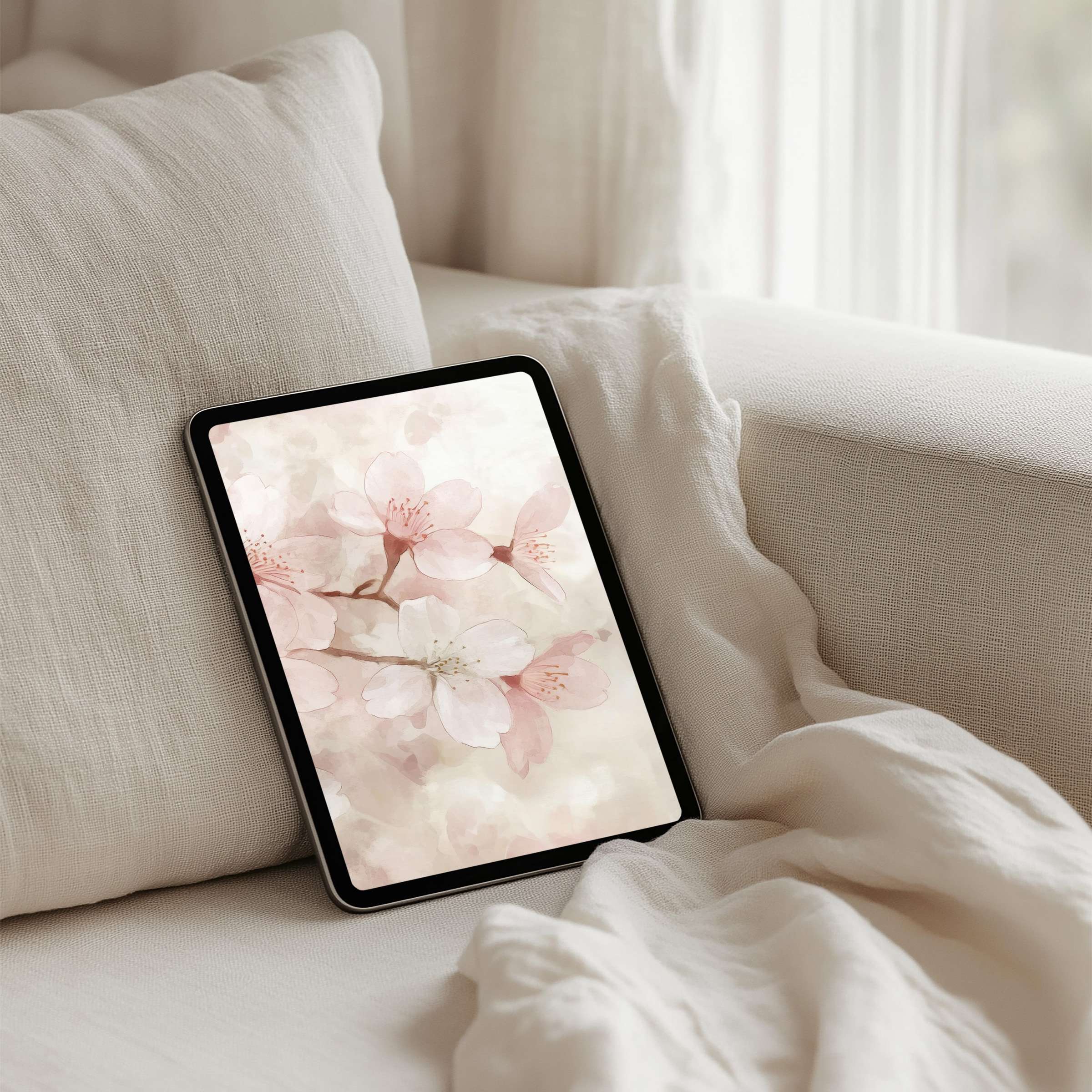 Elegant iPad background with soft blush florals for instant download calming your tablet experience with mindfulness and beauty