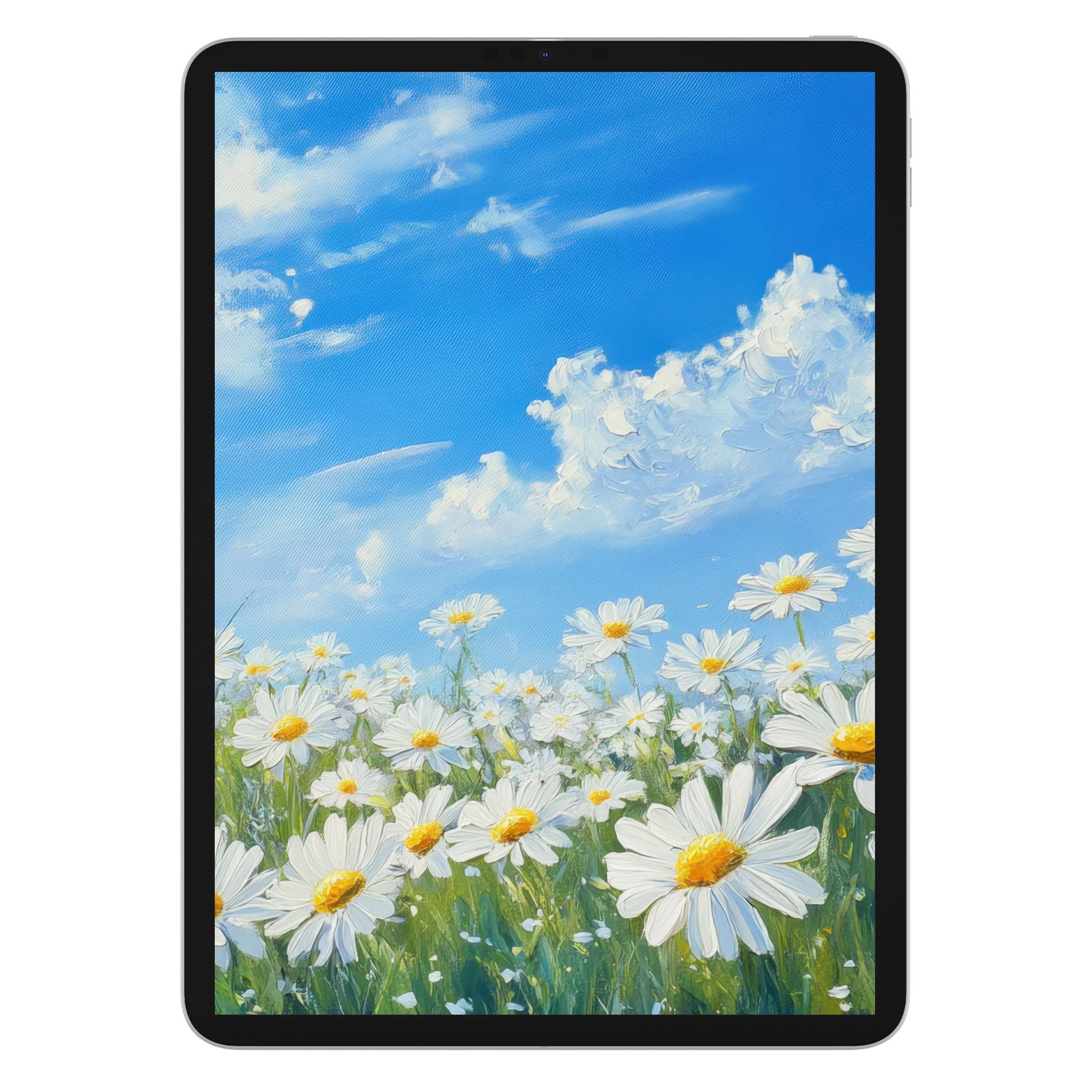 Floral iPad wallpaper featuring daisies under a bright blue sky, offering a serene background for tablet users, digital download available