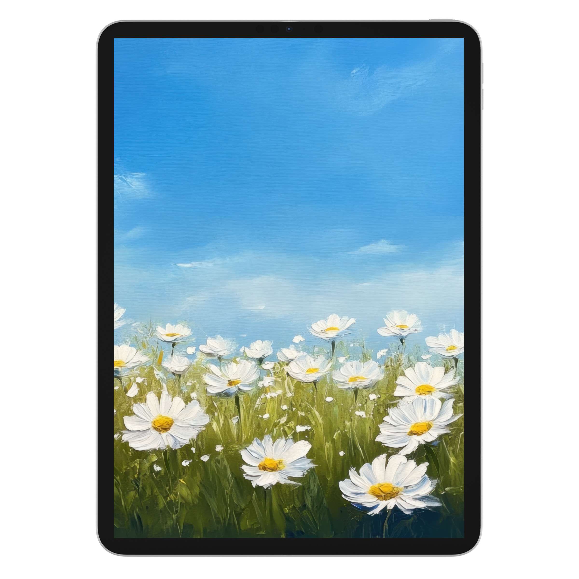 Calming floral iPad wallpaper features vibrant daisies against a serene sky, ideal digital download for tablets and elegant backgrounds