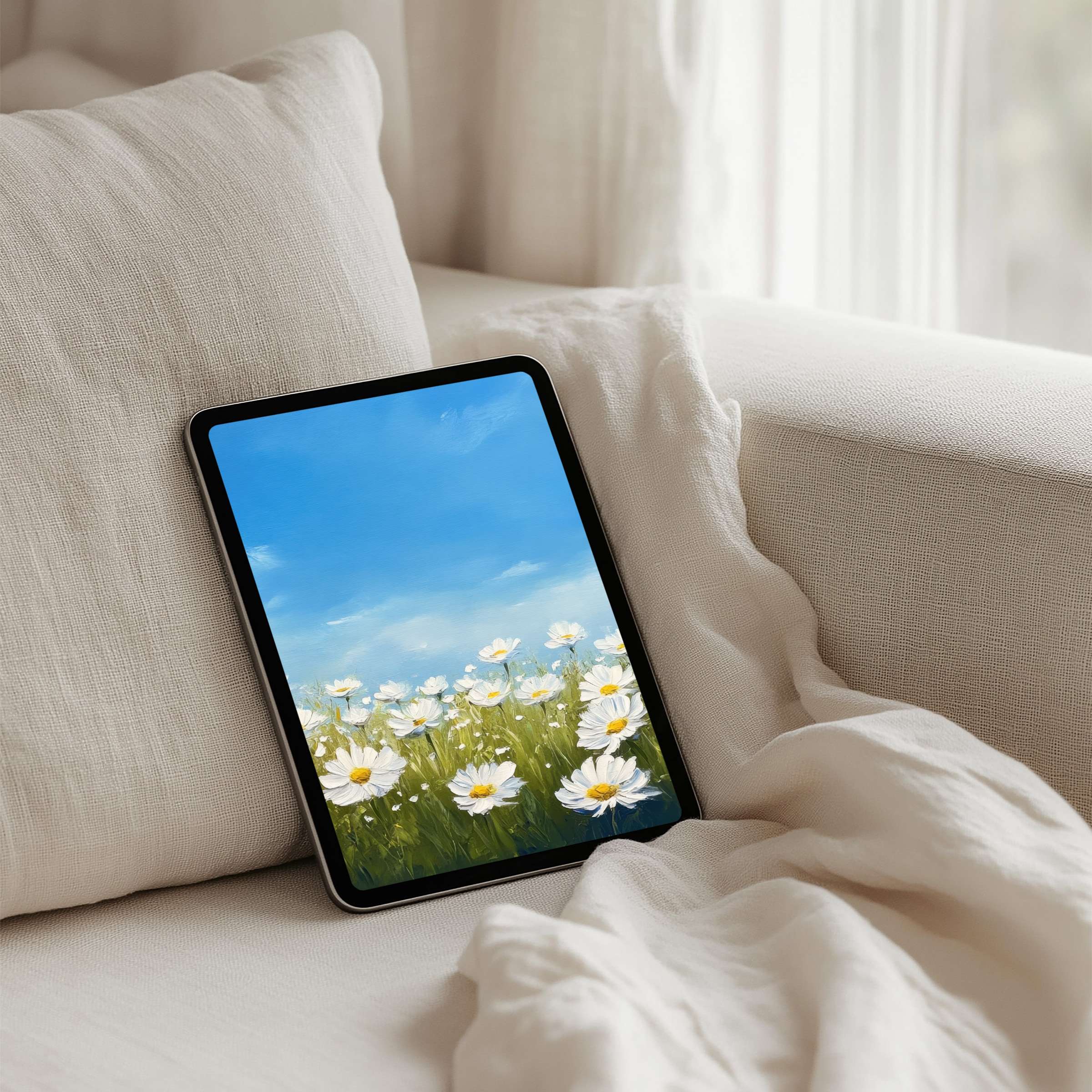 Elegant daisy field iPad background for instant download brings calm and inspiration to your tablet in serene, cozy interiors