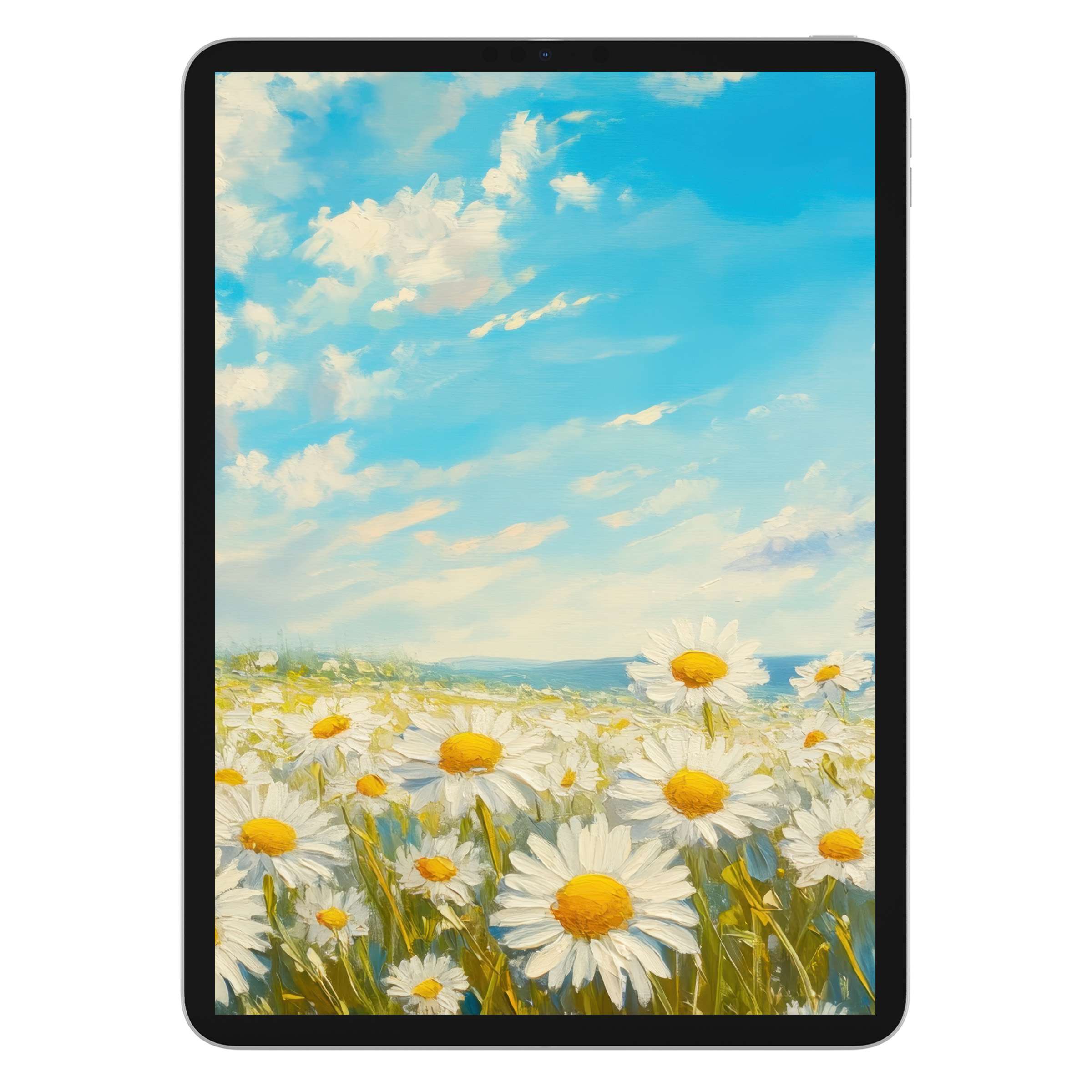 Floral iPad wallpaper with daisies under a bright blue sky offers an elegant digital download for tablets enhancing your background