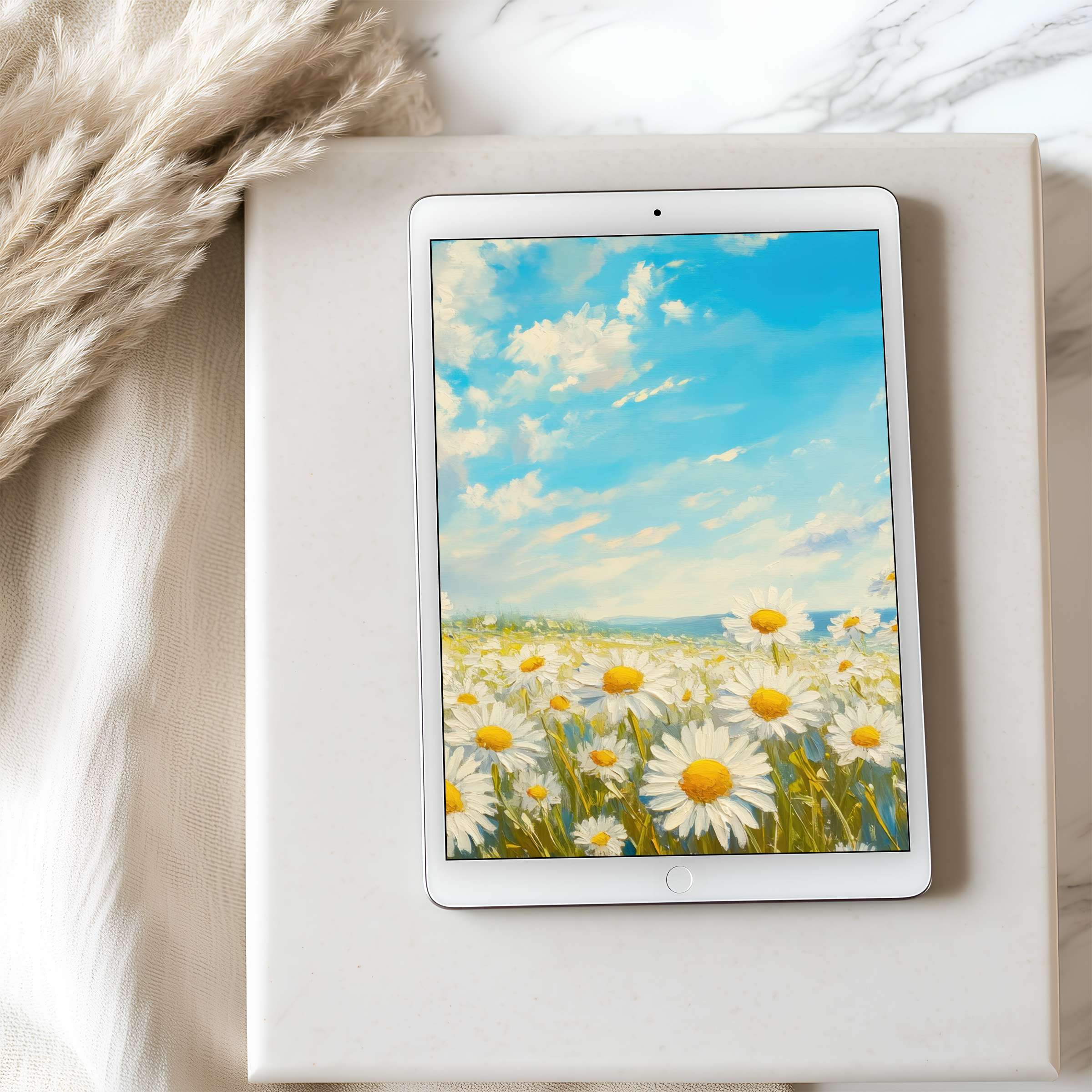 Elegant tablet wallpaper featuring a serene daisy meadow under a pastel sky perfect for iPad and Android high-resolution screens