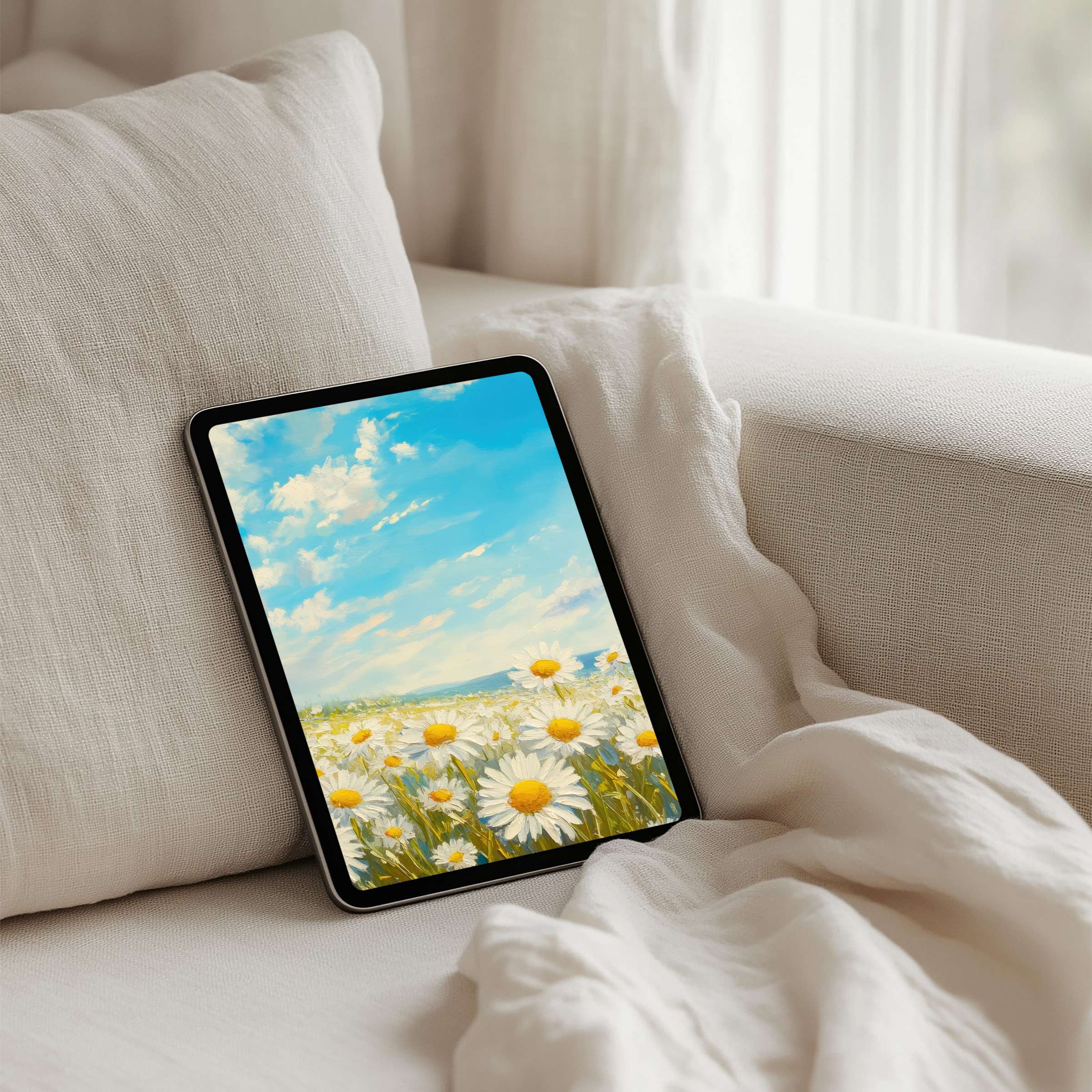 Serene iPad background featuring daisies under a blue sky brings calm and elegance to any tablet instant download available