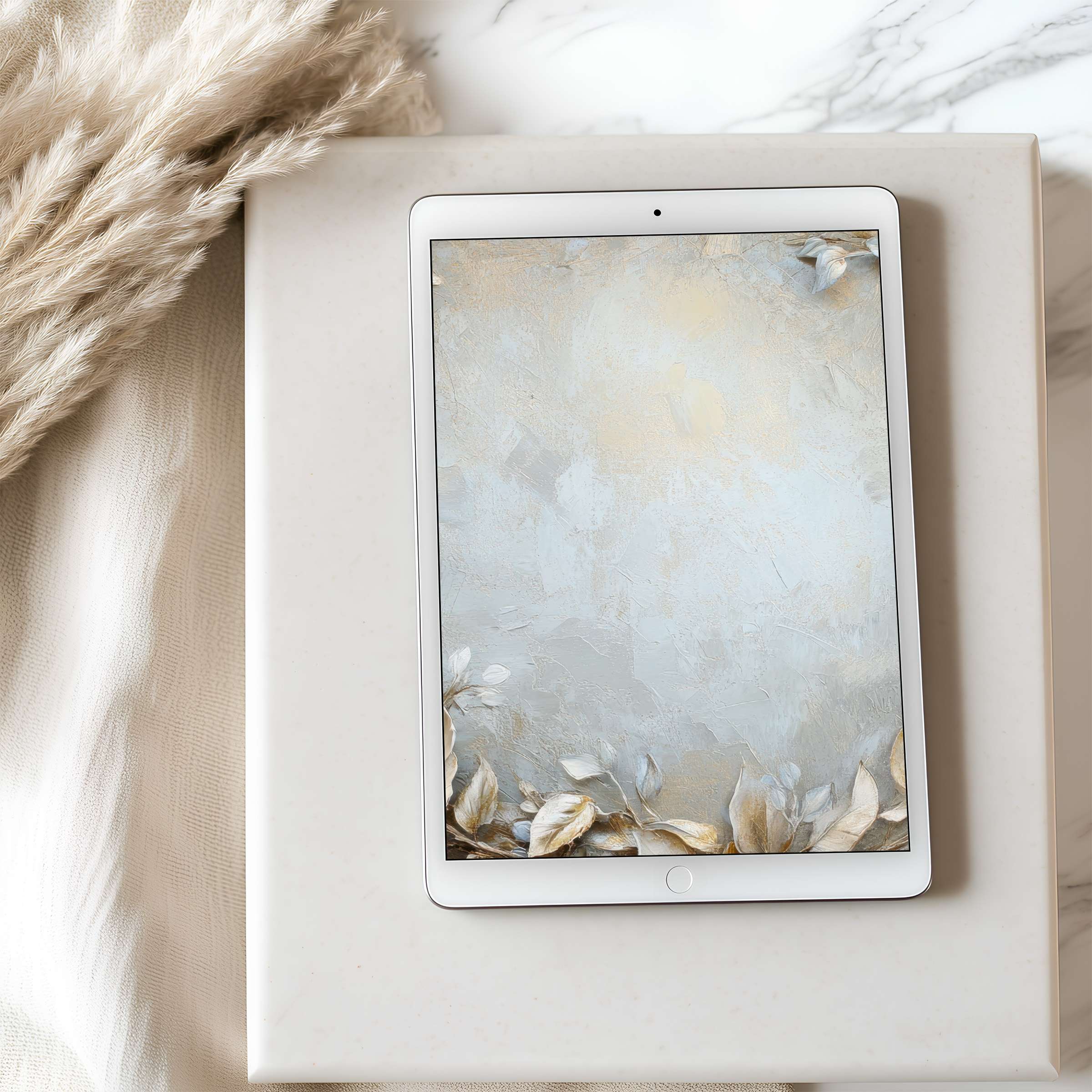 Elegant tablet wallpaper featuring soft blue hues and golden leaf motifs, ideal for high-resolution iPad download enhancing calmness