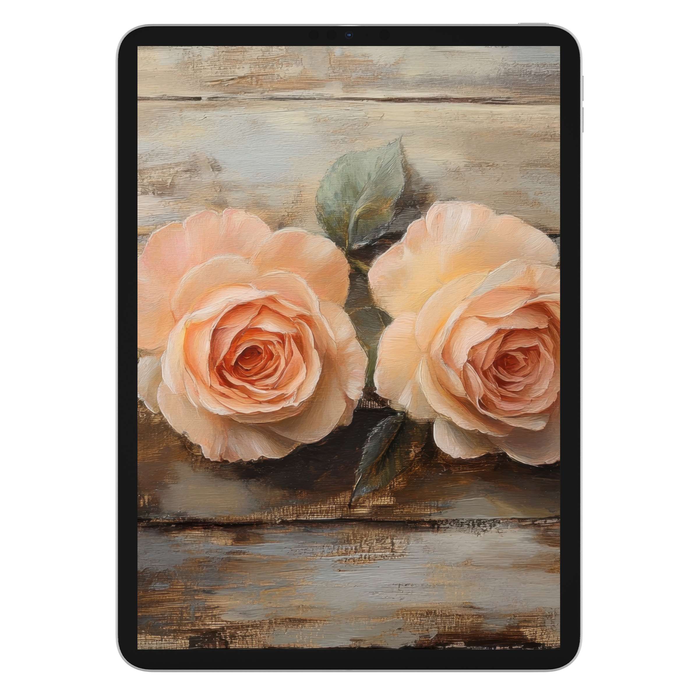 Elegant floral iPad wallpaper featuring peach roses on rustic texture, ideal digital download for calming tablet background ambiance