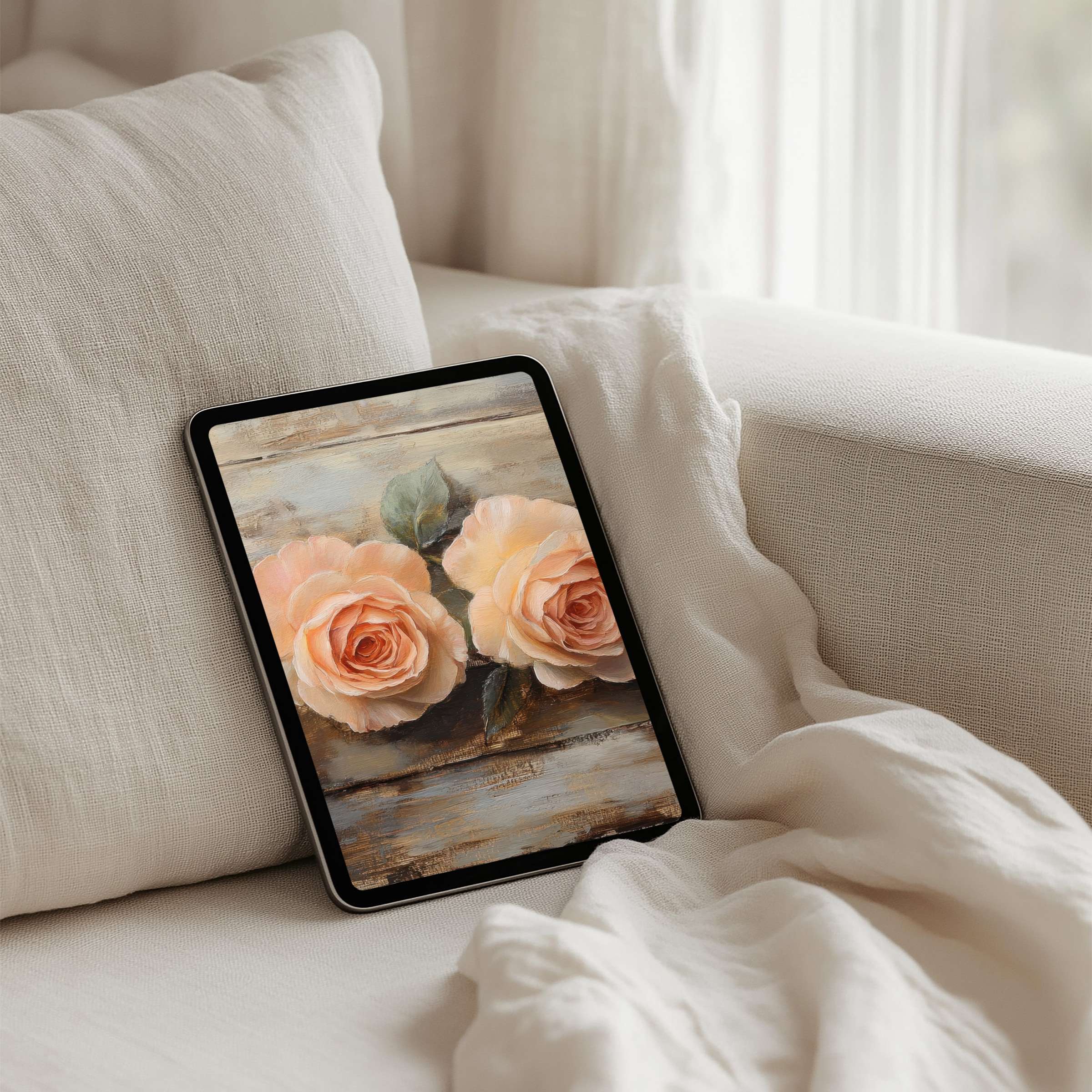 Elegant iPad background art featuring serene roses on rustic wood evokes calm and inspiration perfect for instant download to any tablet