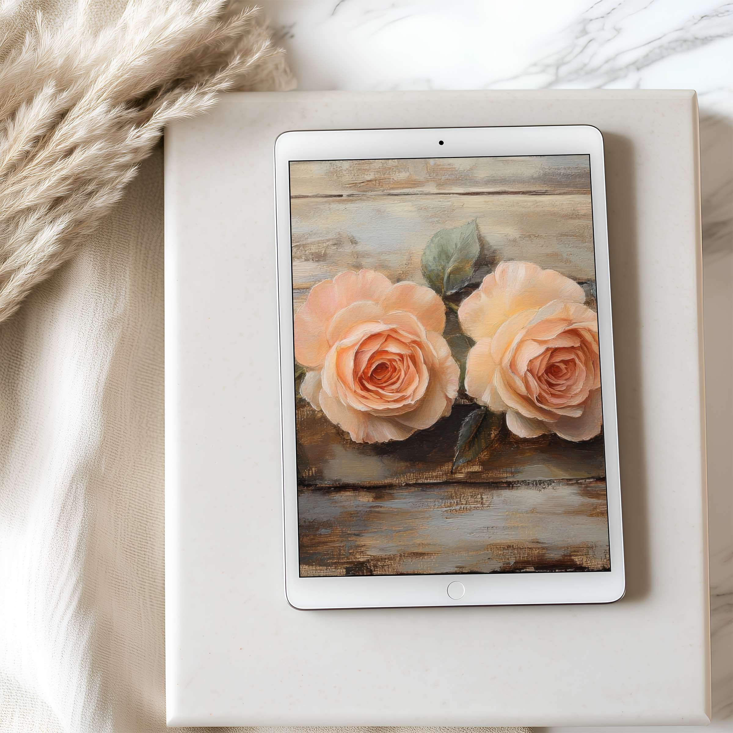 Elegant digital art of peach roses on rustic wood as a tablet wallpaper, perfect for curated iPad or Android high resolution download