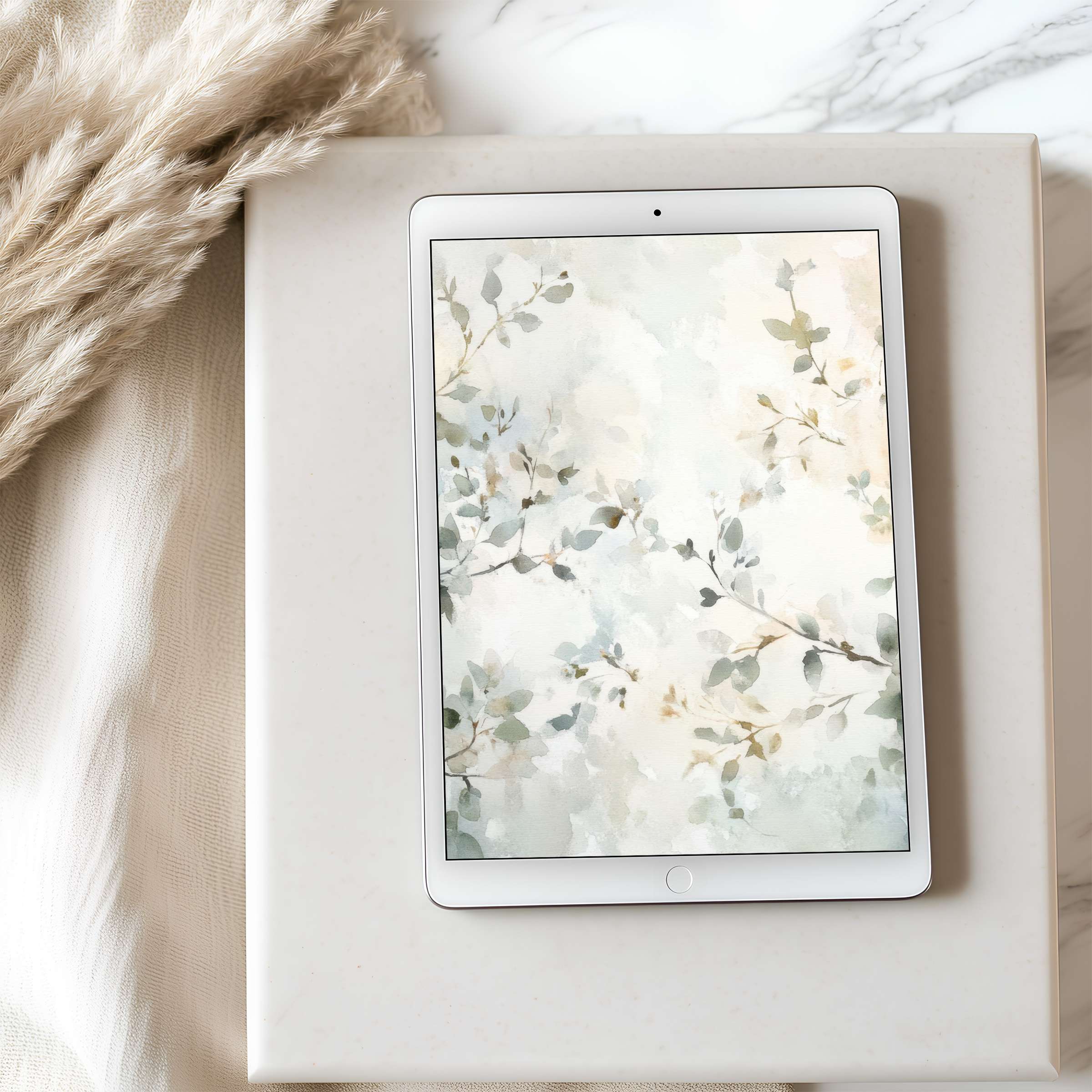 Elegant botanical tablet wallpaper in soothing pastels, perfect for iPad and Android tablets, offering serene digital download charm