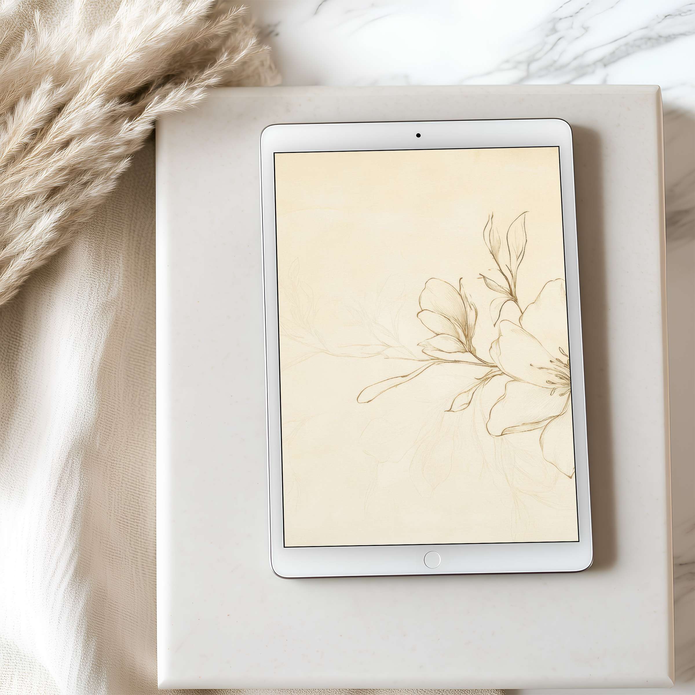 Elegant floral tablet wallpaper in soft neutral tones, perfect for curated iPad and Android display, offering calming digital download