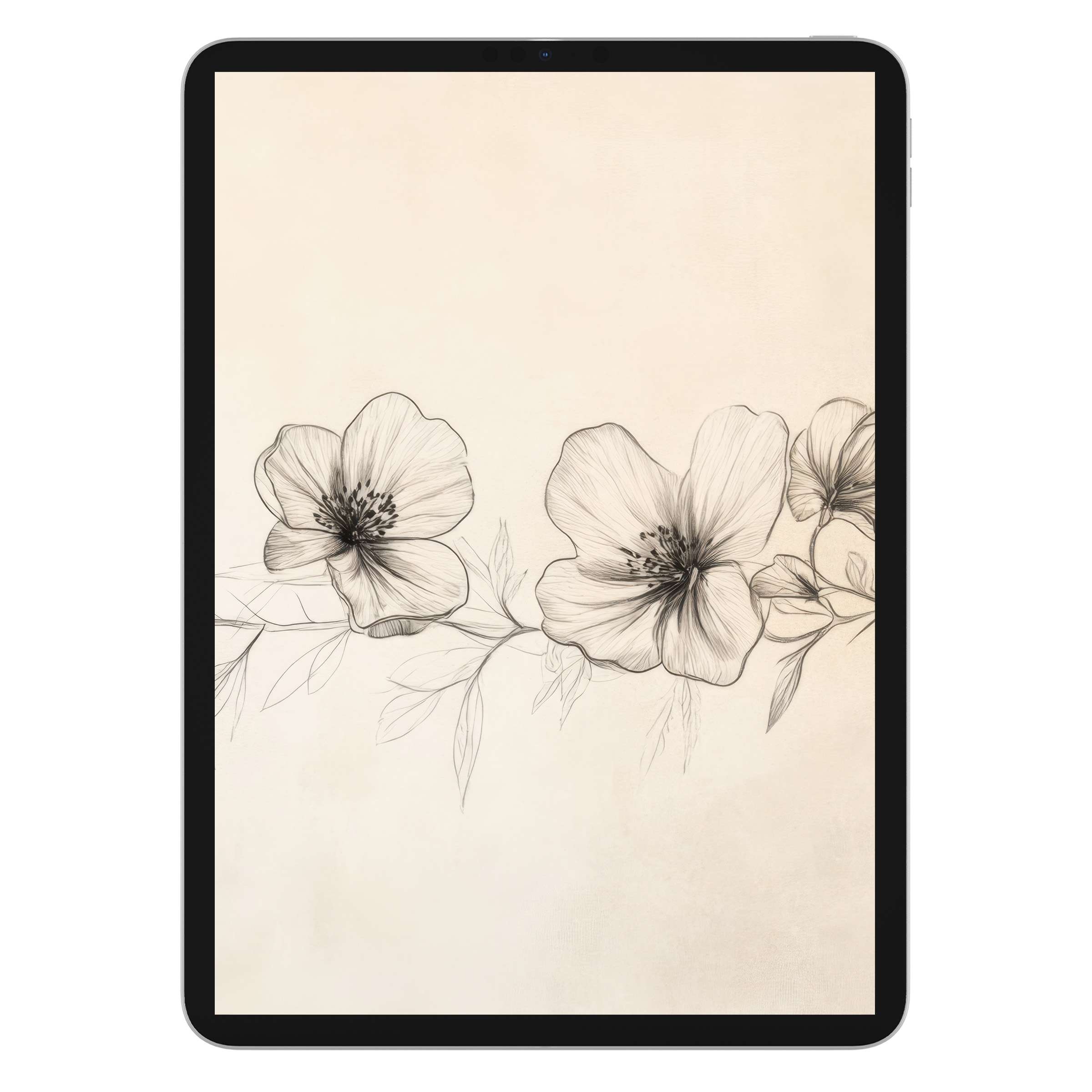 Elegant floral iPad wallpaper with soft beige tones and black line art offers a serene digital download background for tablets