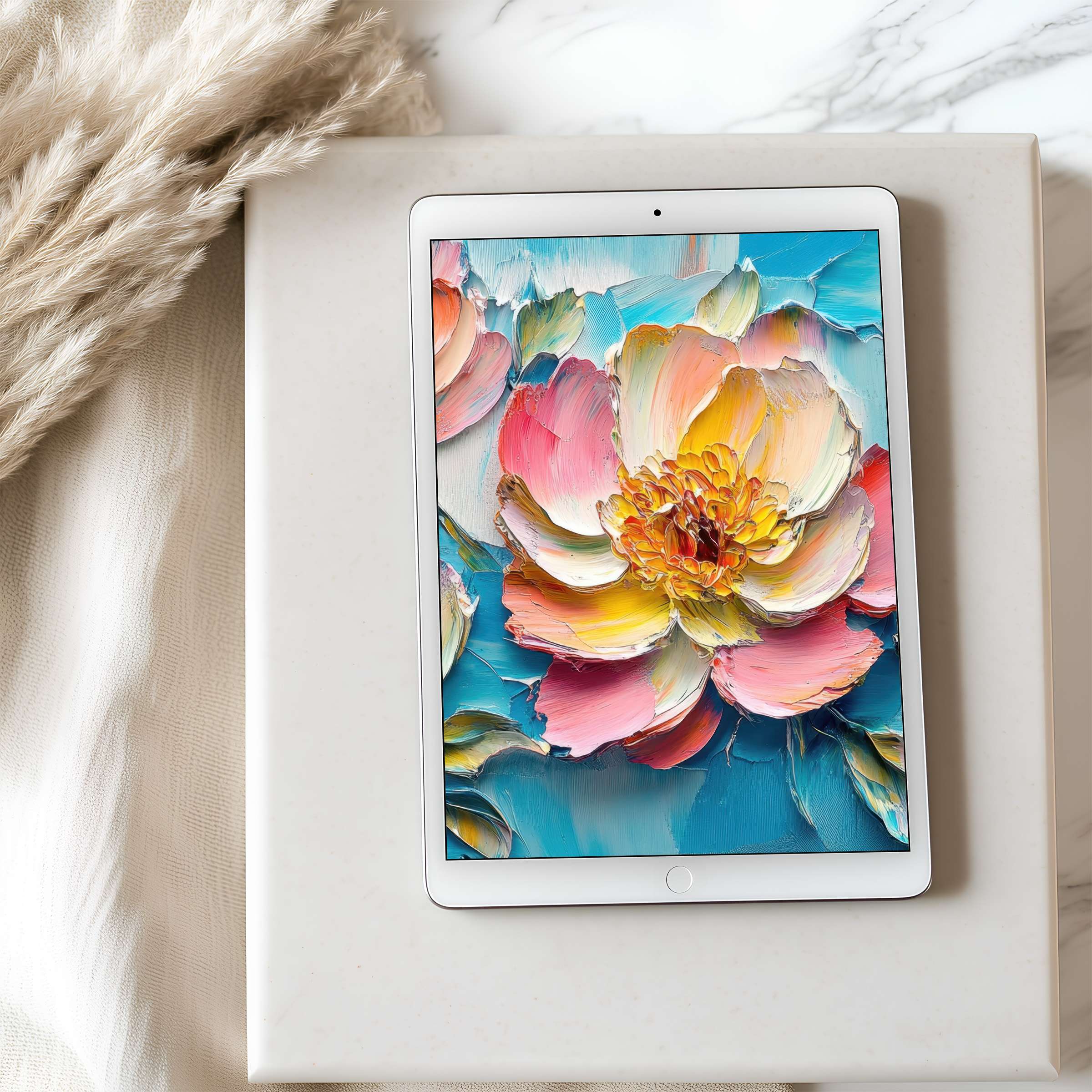 Elegant tablet wallpaper showcasing vibrant floral brushstrokes evokes tranquility in high resolution for iPad and Android digital download