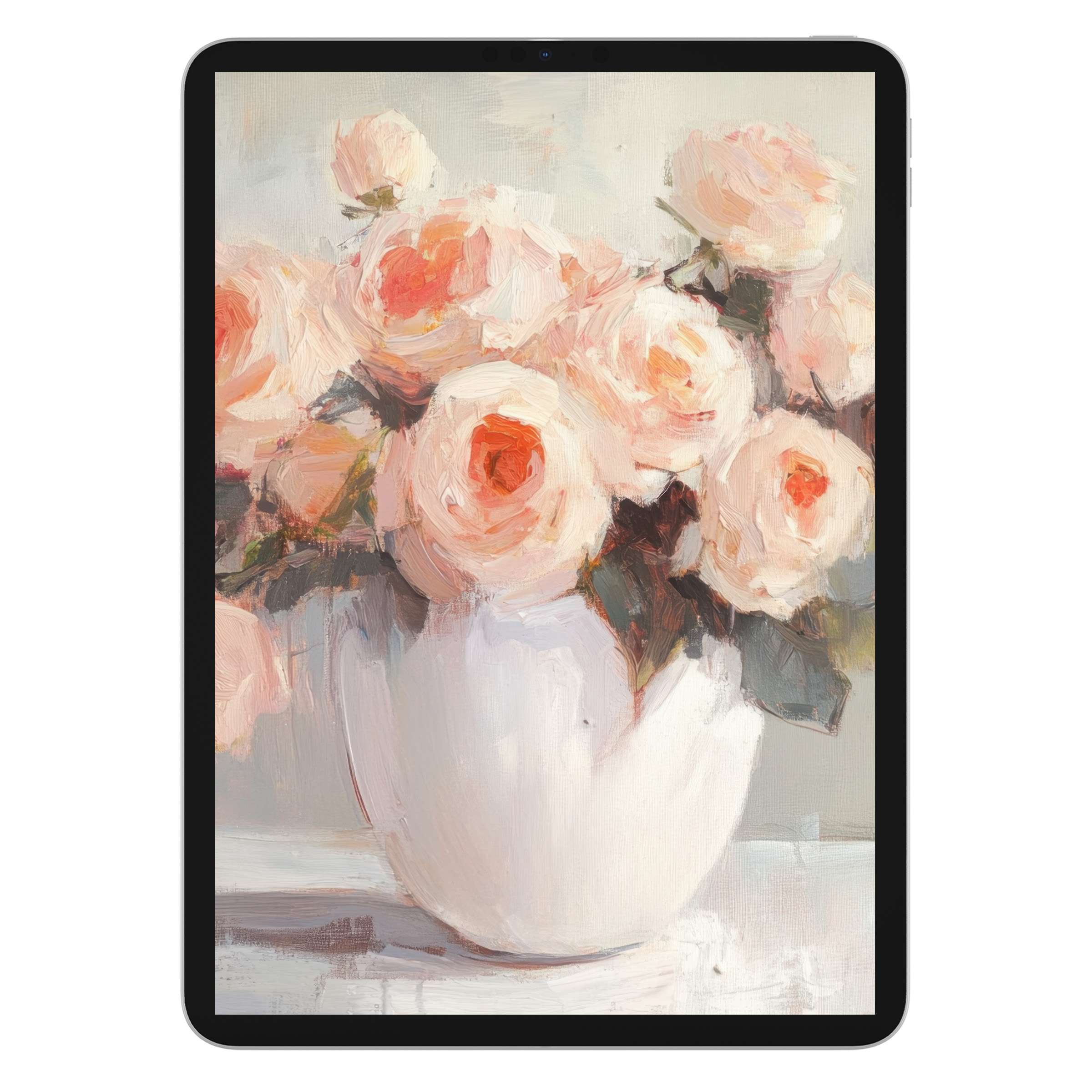 Elegant floral iPad wallpaper showcasing a serene bouquet of pastel roses, creating a calming digital download background for any tablet