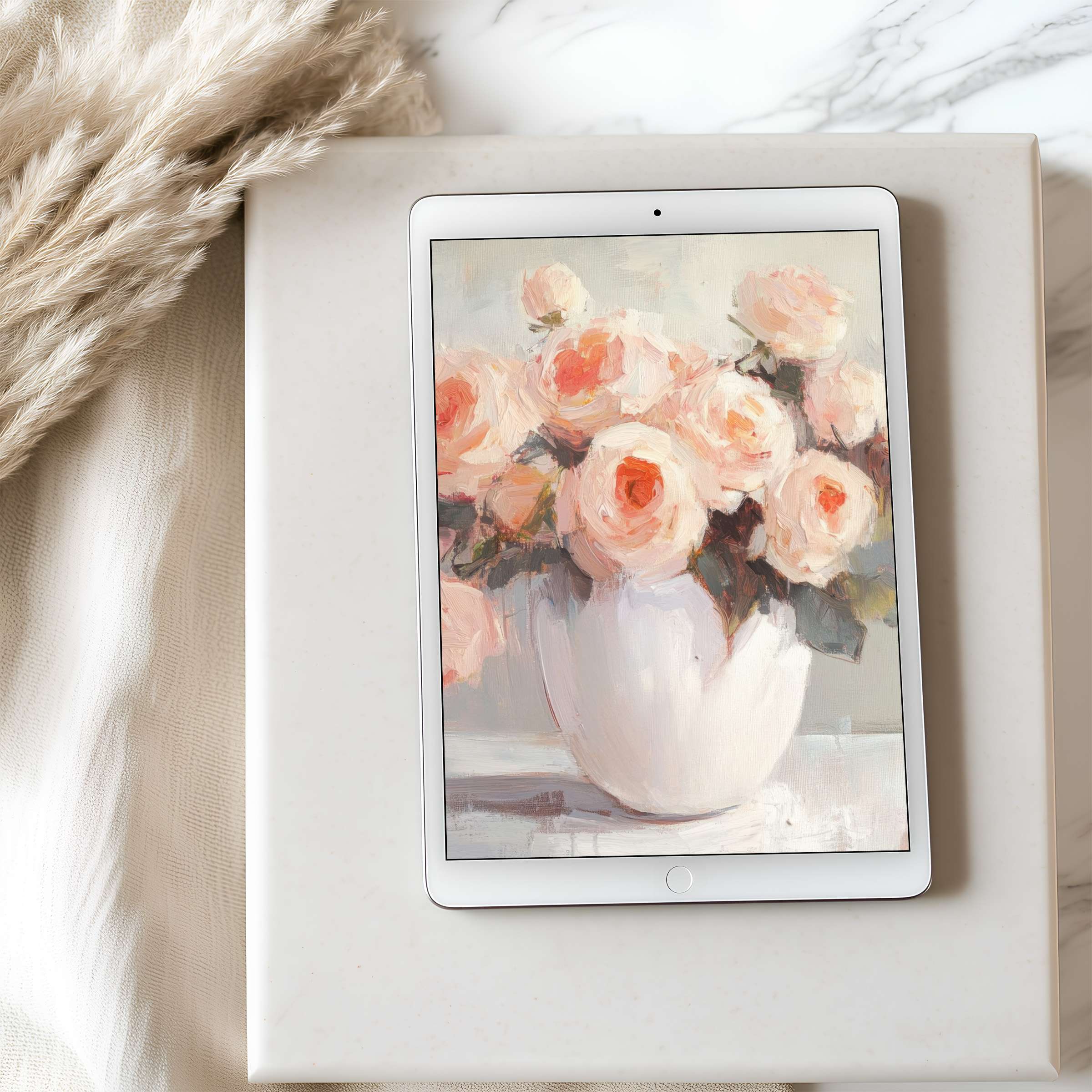 Elegant tablet wallpaper featuring soft pink roses in a white vase, offering tranquility for iPad and Android digital download