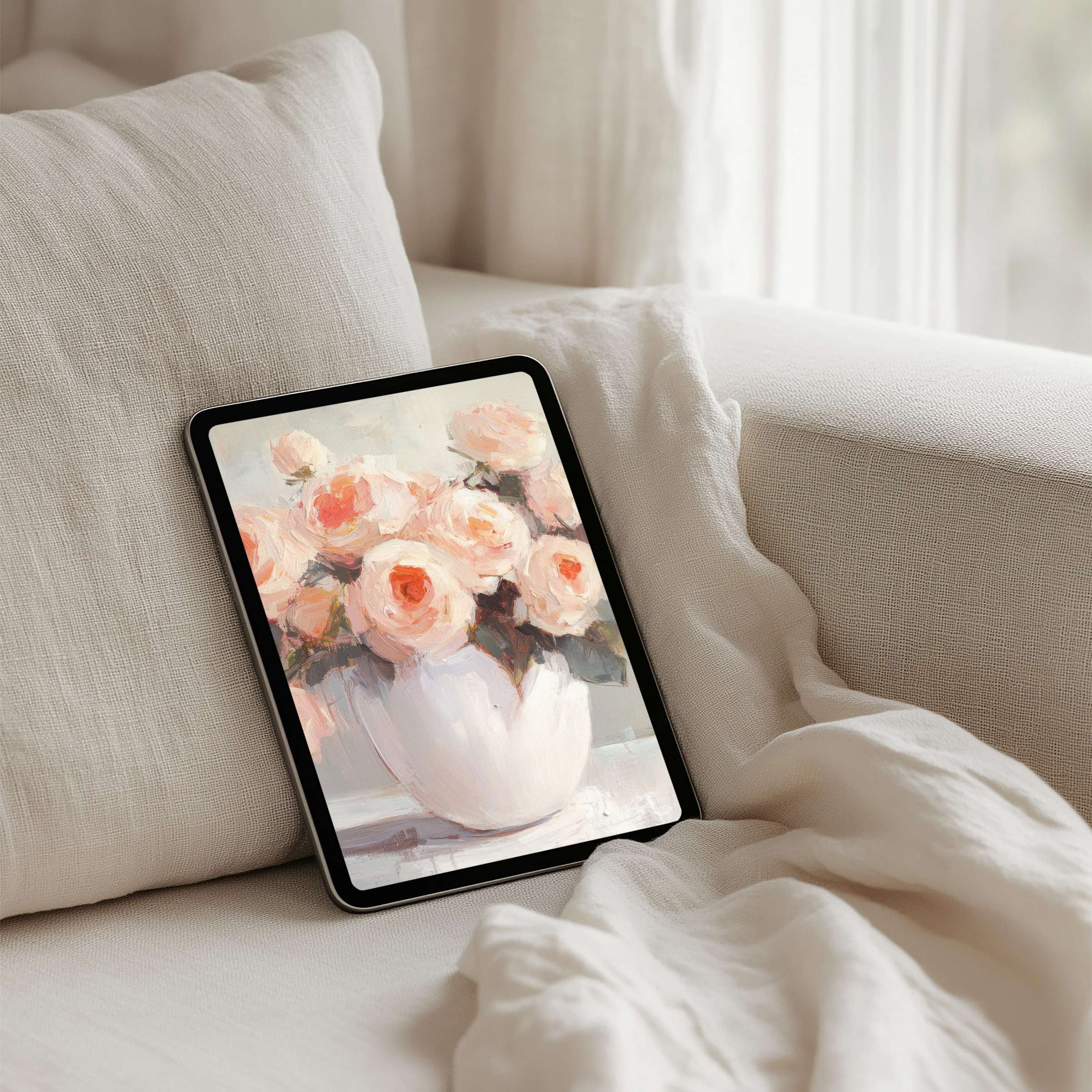Elegant iPad background featuring soft pink roses in a white vase evoking calm and inspiration instant download for your tablet