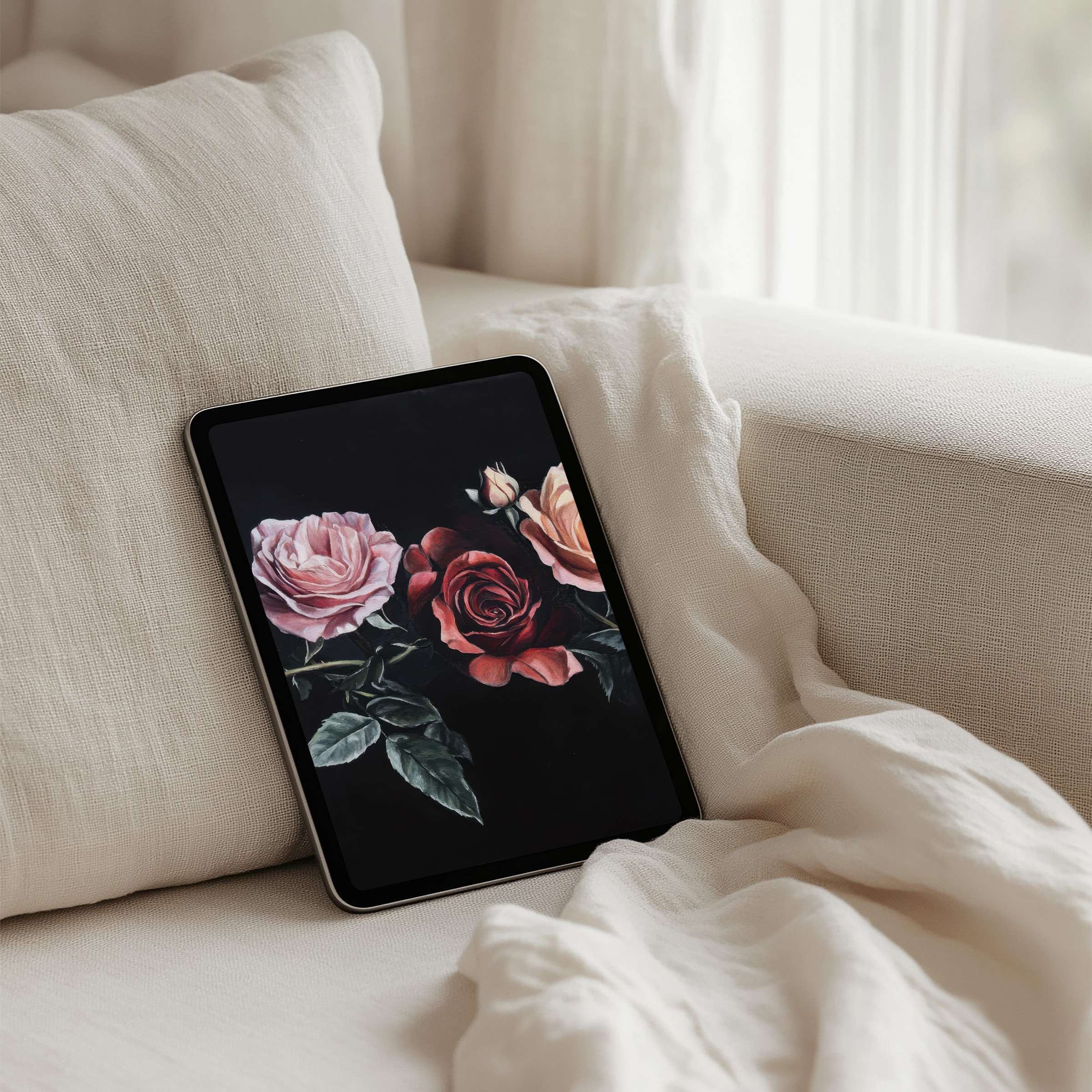 Elegant iPad background featuring serene roses in soft hues for instant download perfect for tablet users seeking calm and inspiration