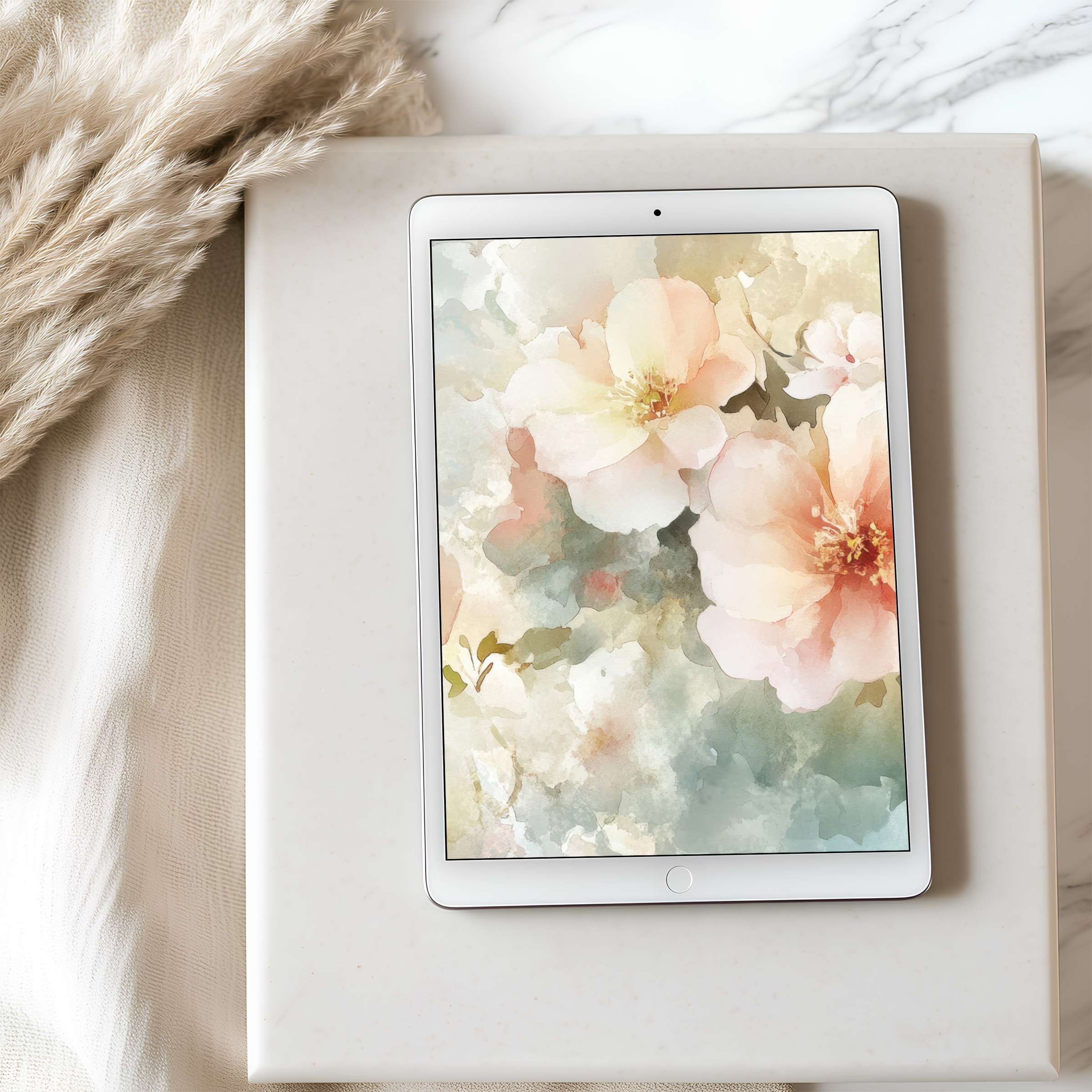 Elegant floral tablet wallpaper in soft pastels, perfect for iPad and Android digital download, adds serenity to any curated space