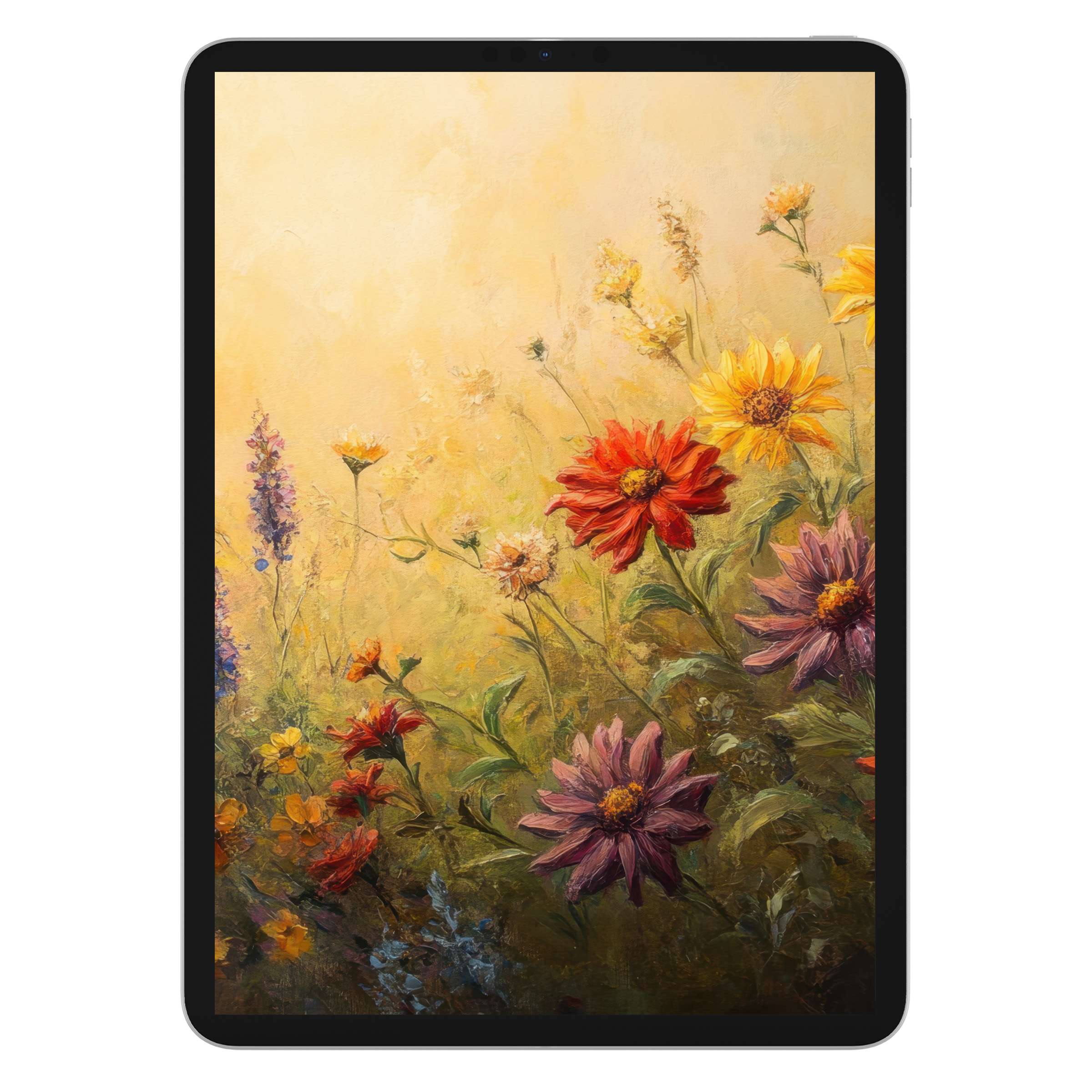 Elegant floral iPad wallpaper with vibrant blossoms in a calm, artistic style perfect for tablet background digital download