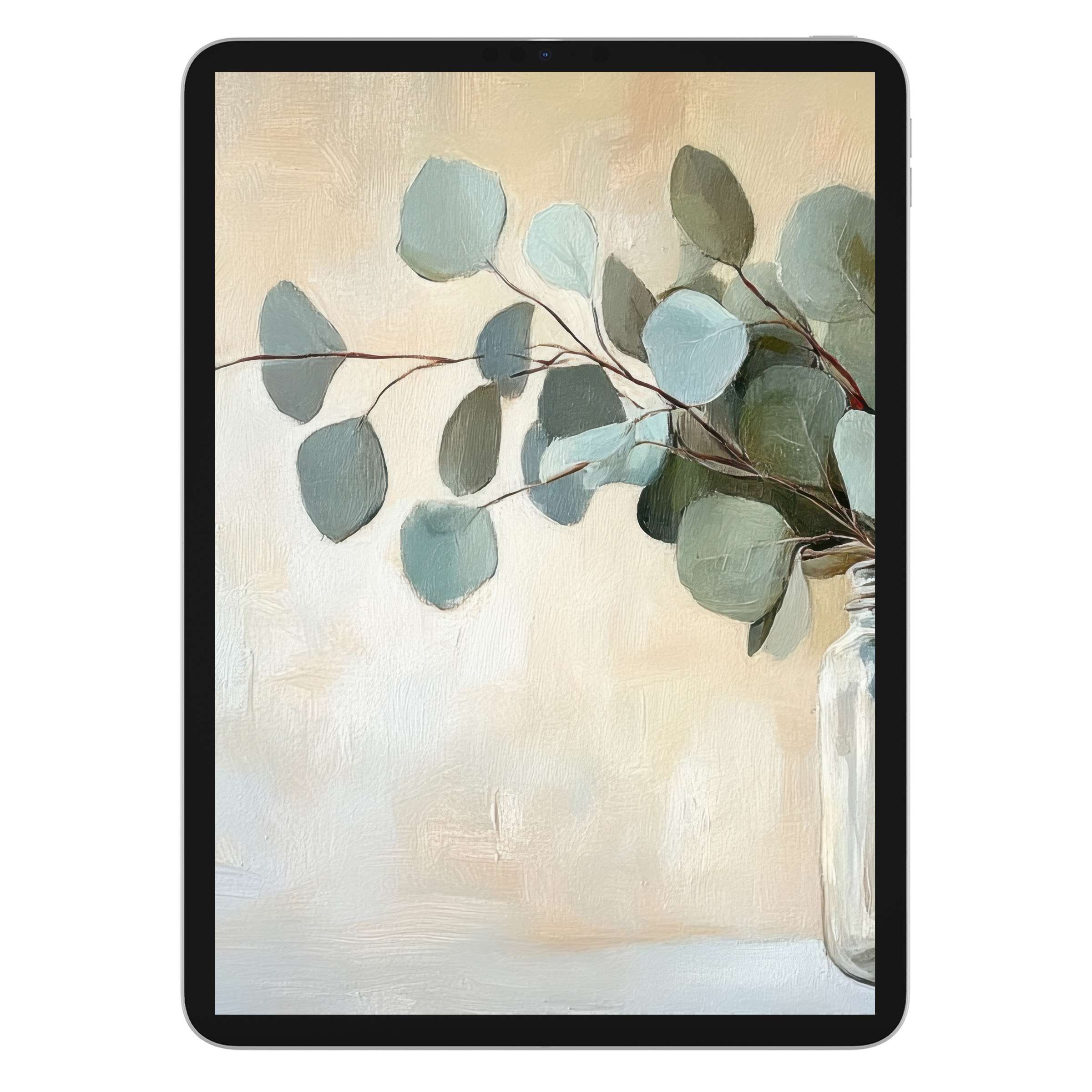 Elegant floral iPad wallpaper with serene eucalyptus leaves in soft hues perfect for a tablet background digital download serene style