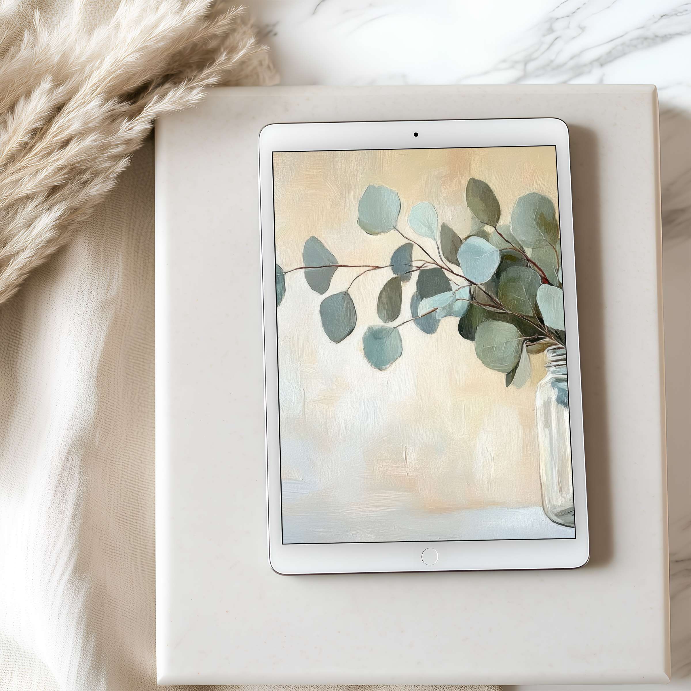 Elegant eucalyptus art tablet wallpaper for an inspiring and calming digital download suitable for iPad and Android tablets
