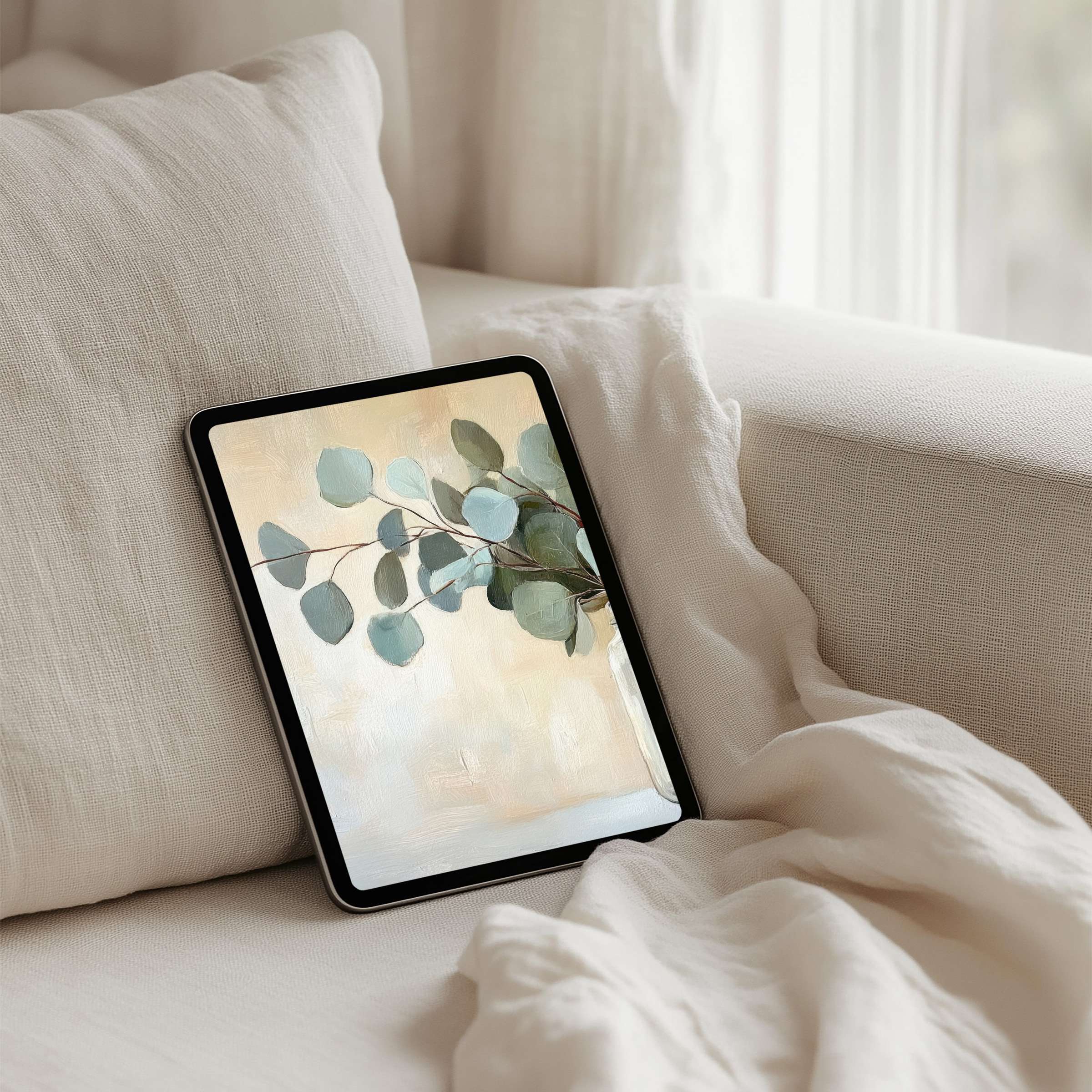 Calming eucalyptus art as an iPad background for instant download on tablets brings elegance and mindfulness to your digital space