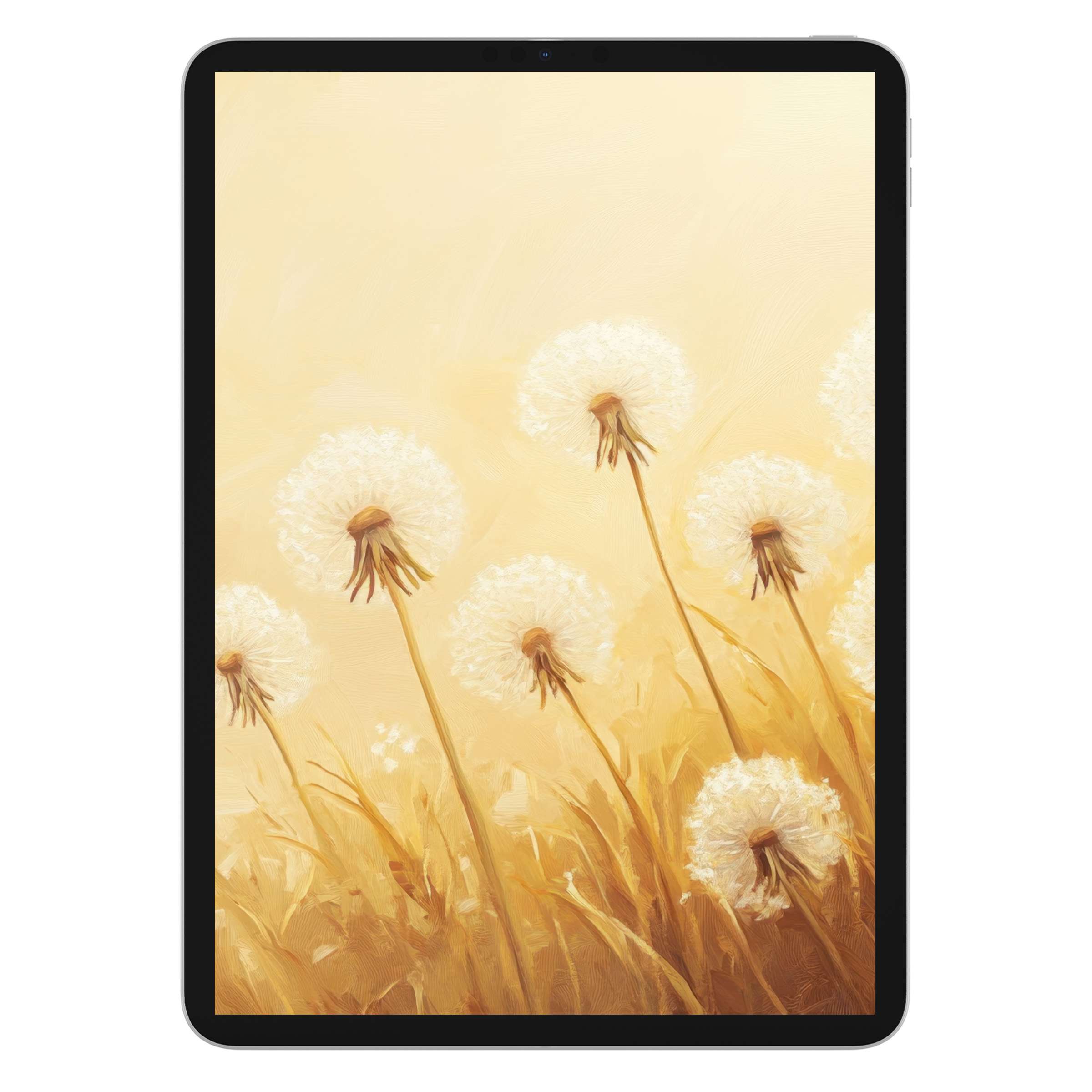 Soft, golden floral iPad wallpaper with elegant dandelions creating a serene digital download background for any tablet user