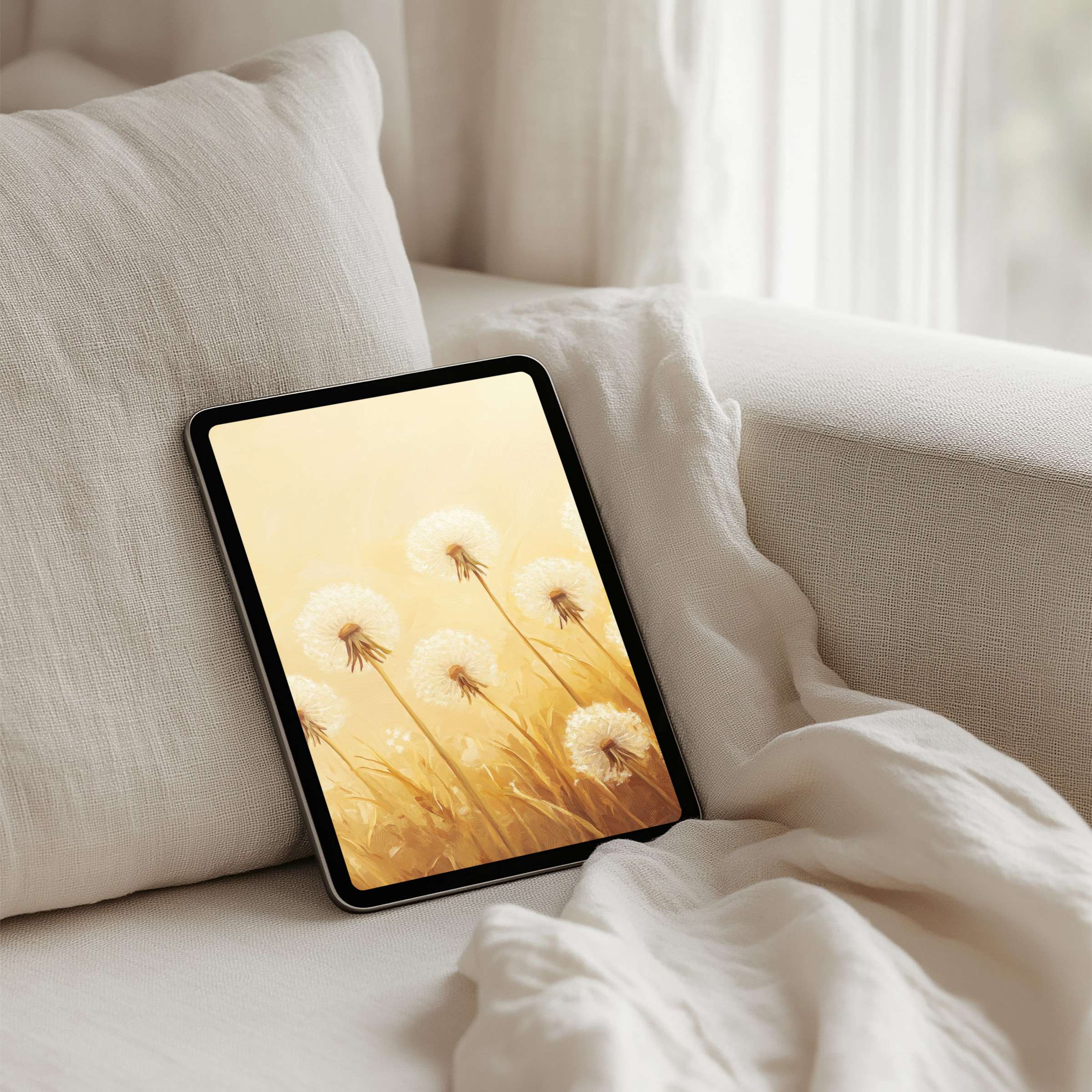 Serene dandelion art for your iPad background offers instant download for any tablet bringing elegance and mindful calm to your space