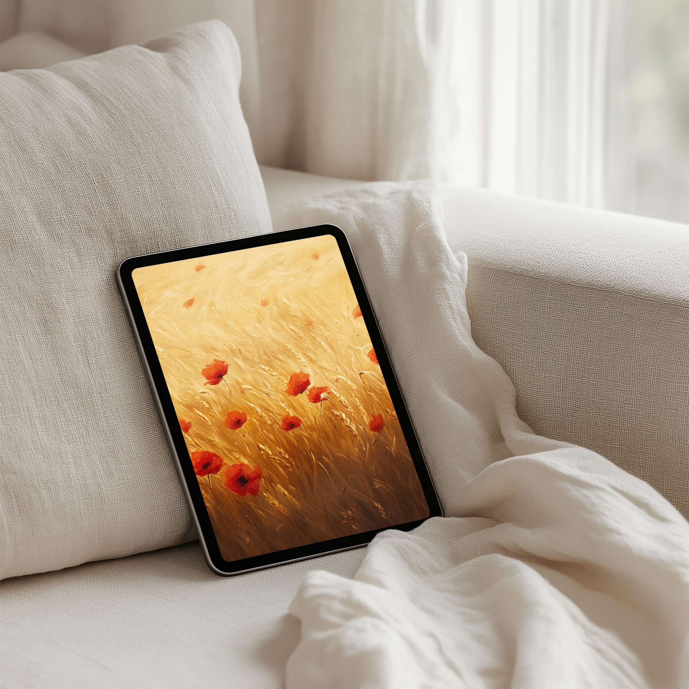 Elegant iPad background with calming poppy field, perfect for tablet use; instant download for inspiration and mindfulness