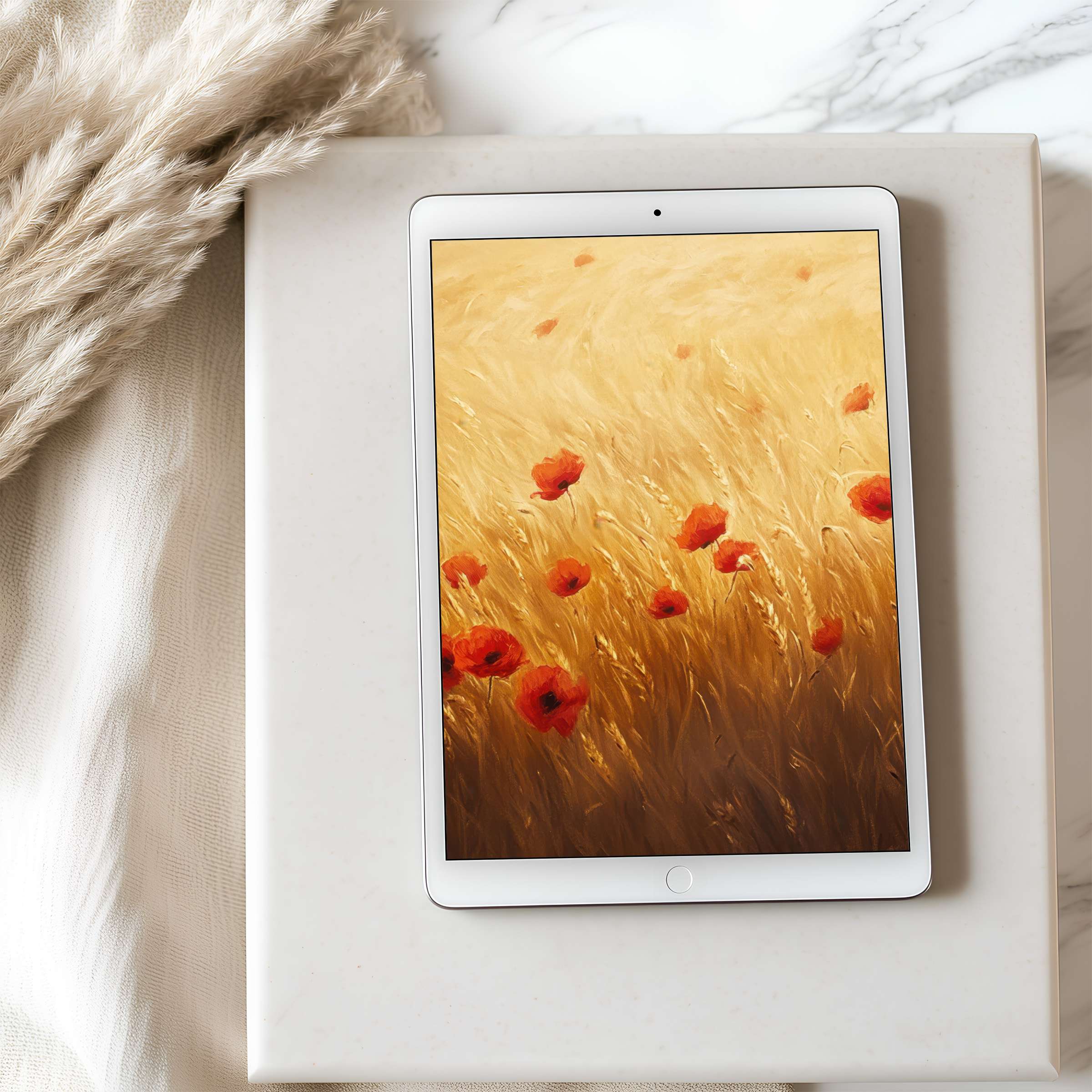 Elegant fields of golden wheat with vibrant red poppies create a serene tablet wallpaper perfect for iPad and Android tablets, offering a high-resolution digital download that exudes calm and sophistication