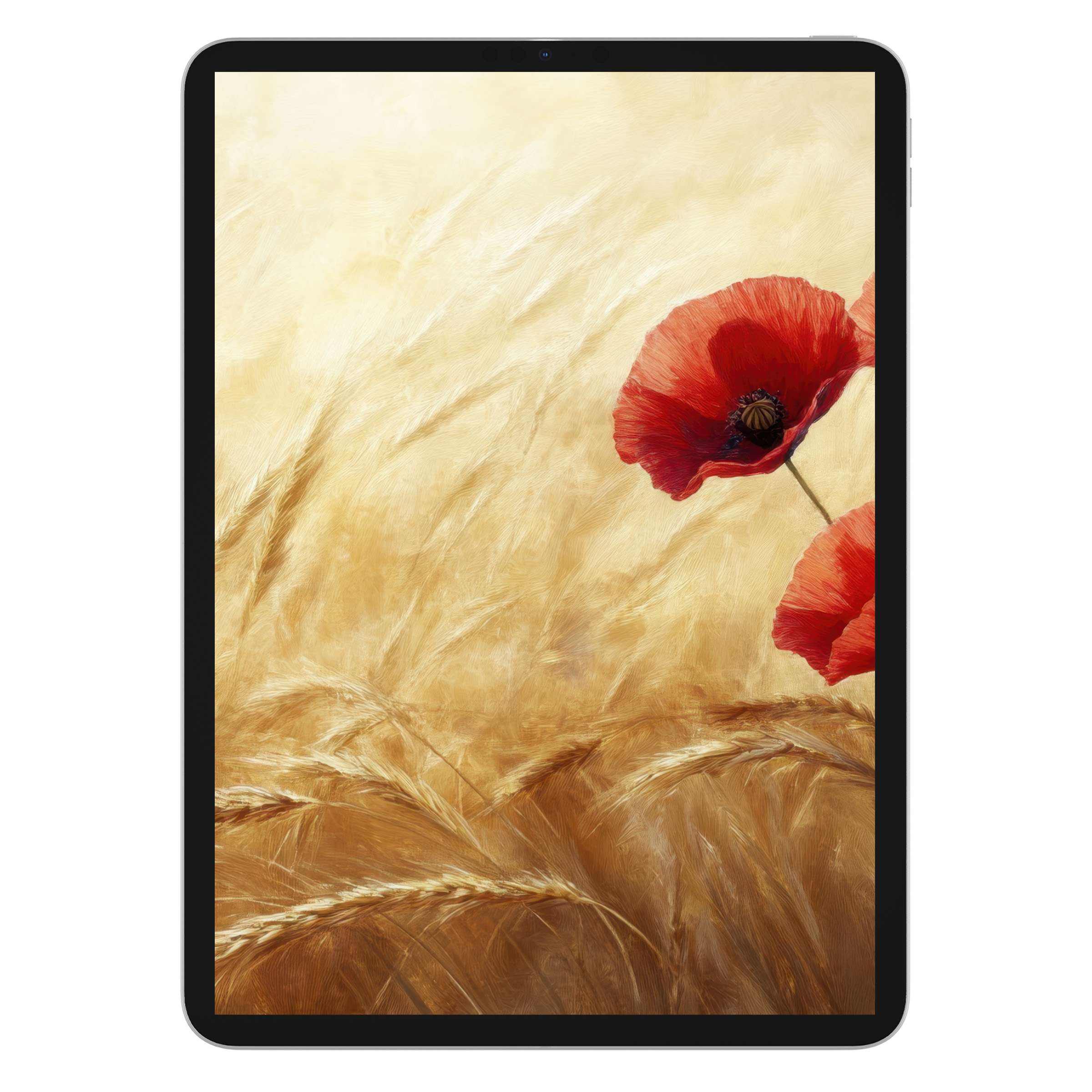 Floral iPad wallpaper with vibrant red poppies on a golden field, perfect digital download for elegant tablet background scenery