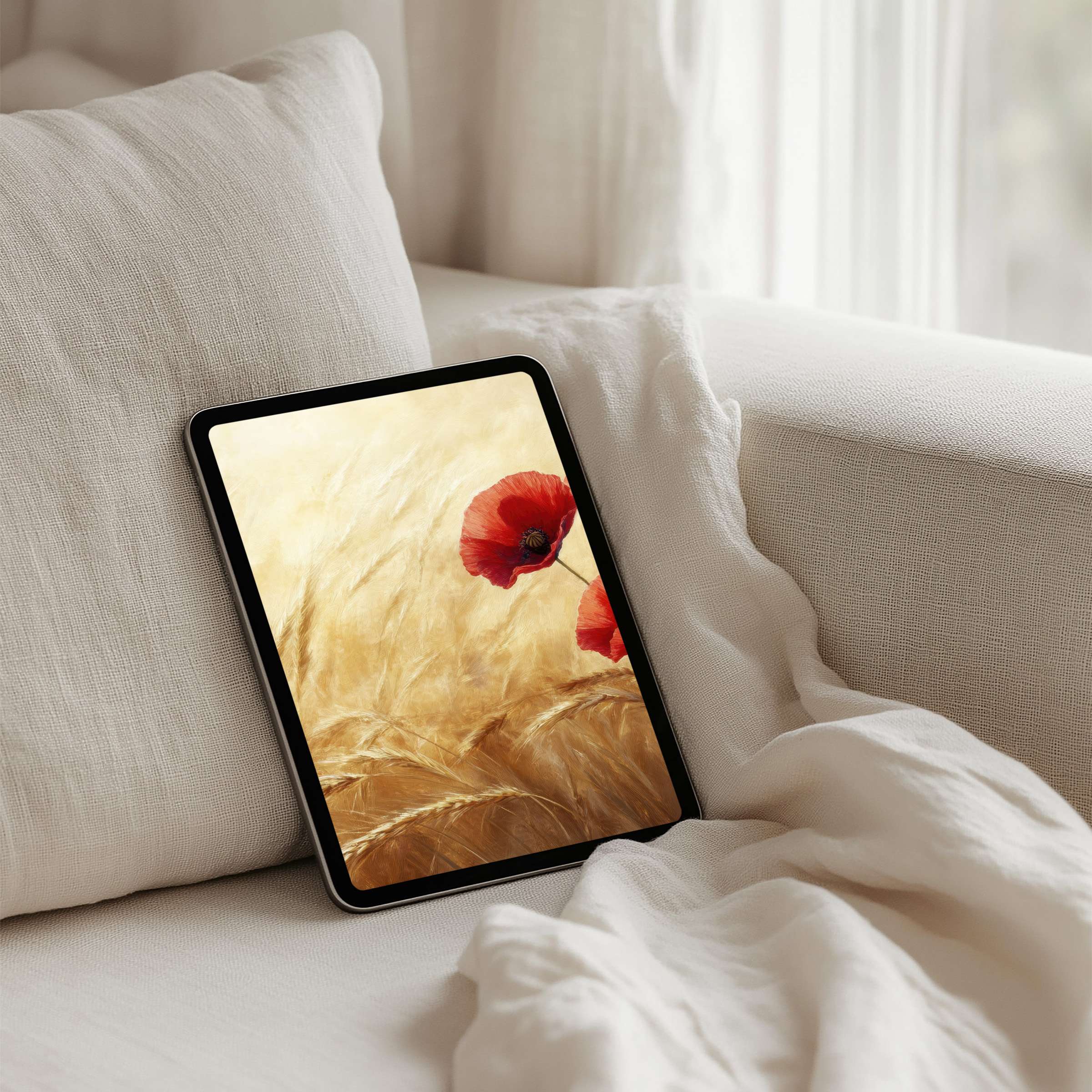 Serene iPad background with golden wheat and red poppies offers instant download for tablets, inspiring calm and elegance