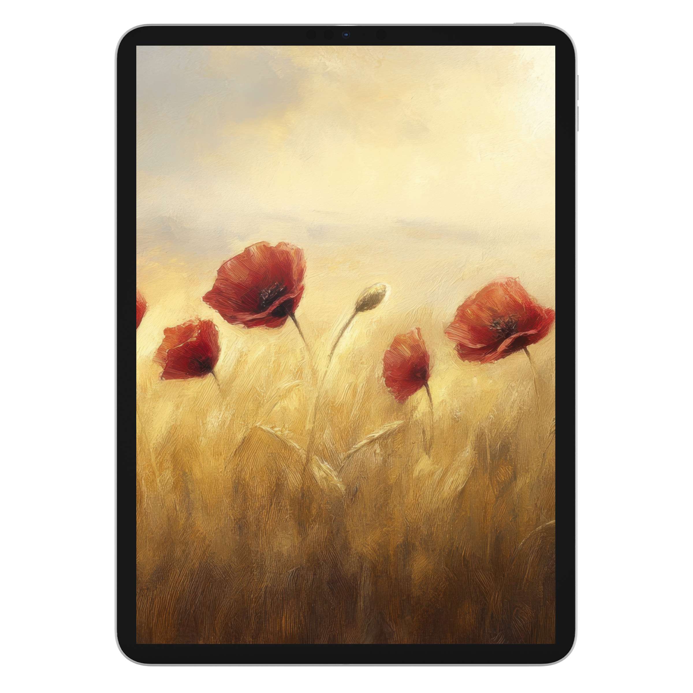 Elegant floral iPad wallpaper digital download with red poppies on a golden field background, perfect for tablets' serene display