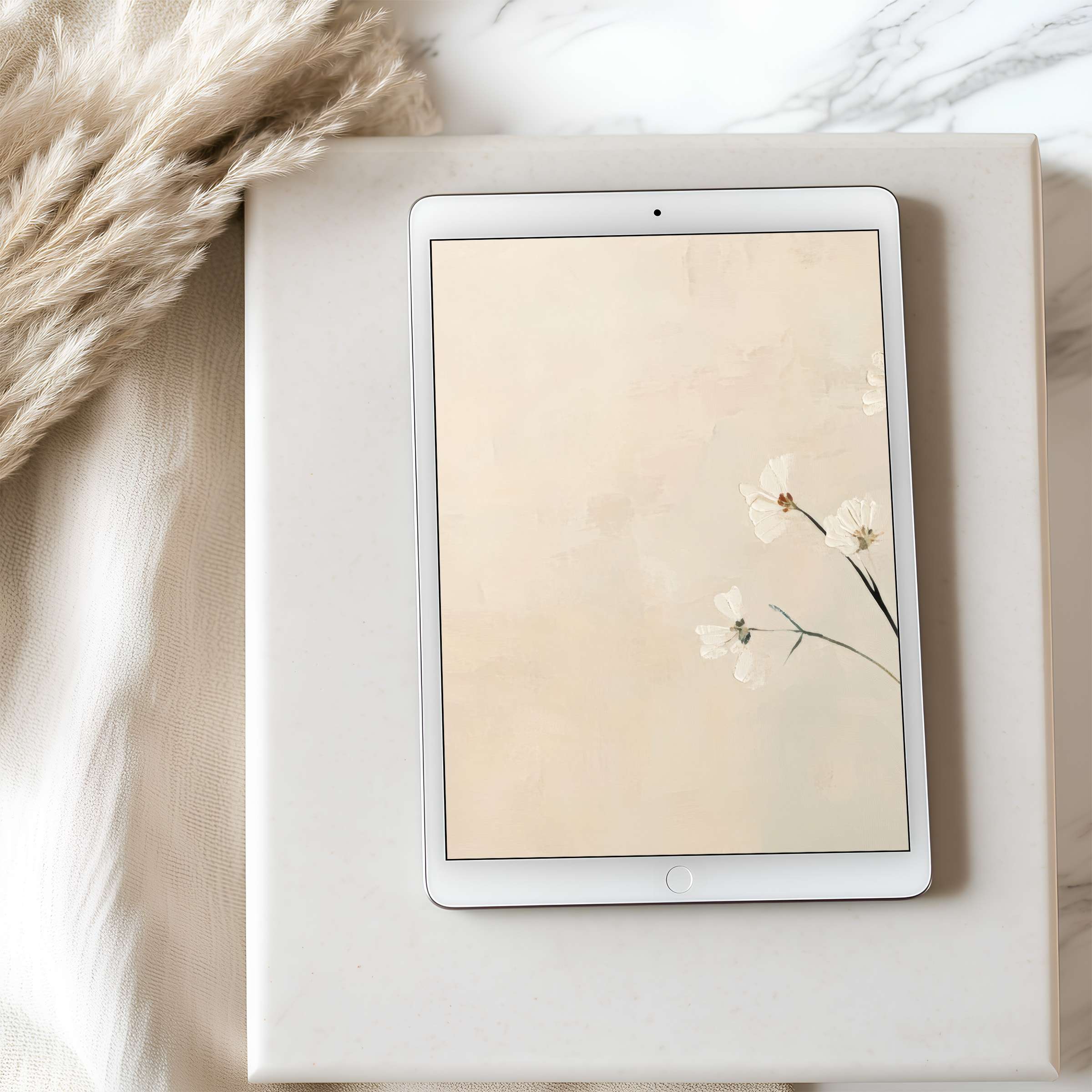 Elegant floral tablet wallpaper in soft beige tones, perfect digital download for iPad or Android tablets, promoting calm aesthetics