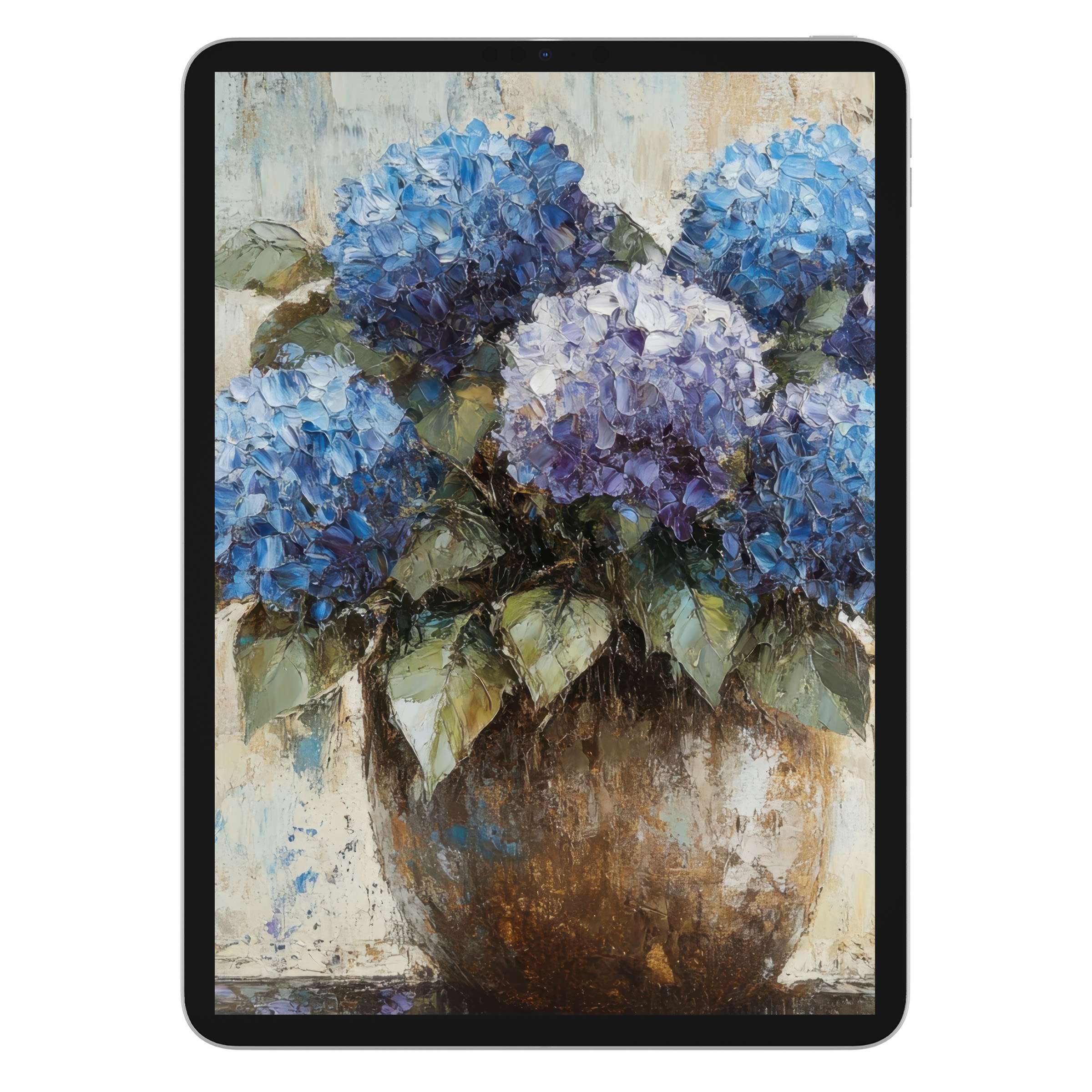 Elegant floral iPad wallpaper featuring vibrant blue hydrangeas in a textured pot, ideal tablet background digital download for serenity