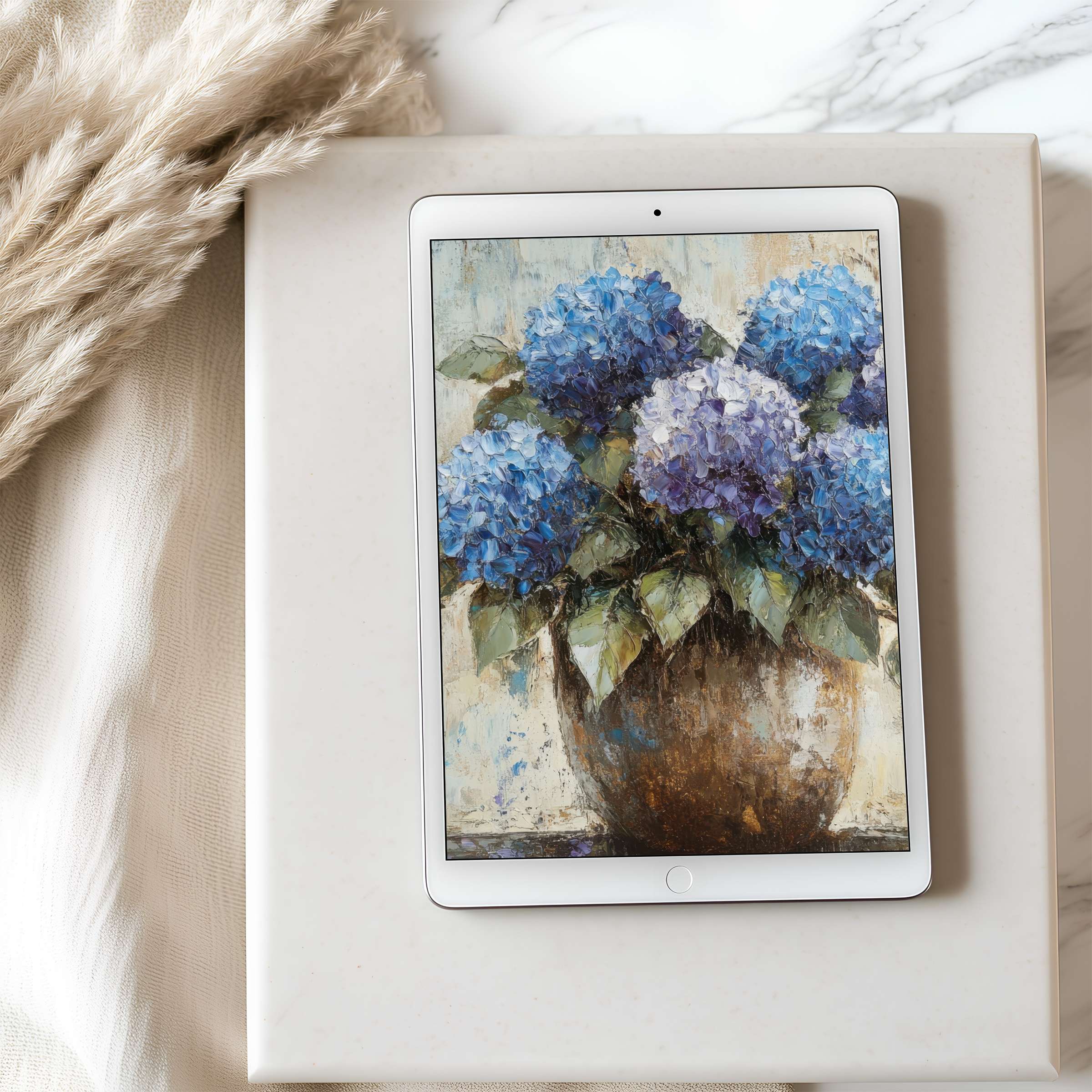 Elegant digital art of blue hydrangeas in an antique vase for tablet wallpaper, curated for high-resolution iPad and Android use