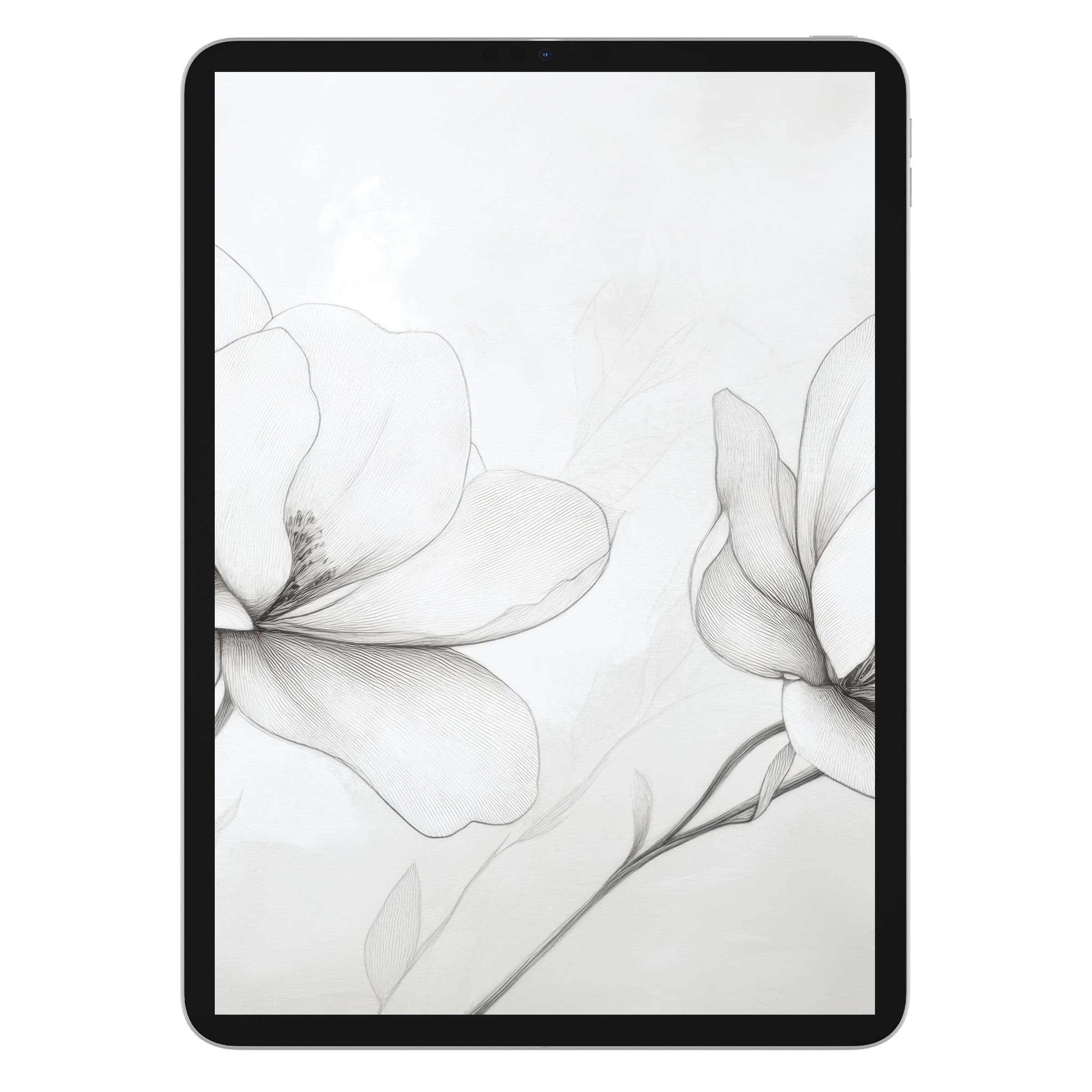 Elegant black and white sketch of flowers as floral iPad wallpaper, perfect digital download for tablet background and serene style